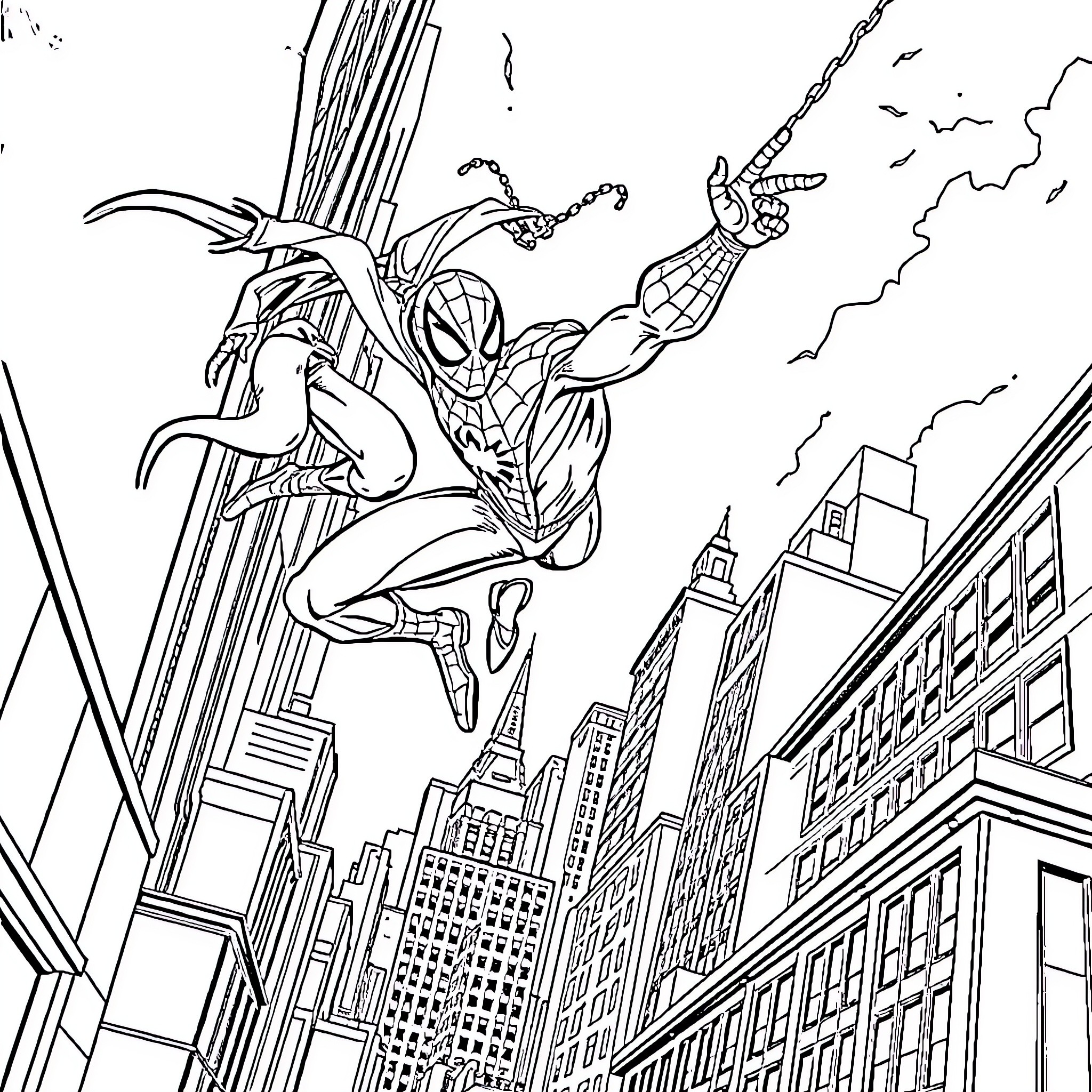 Spider-Man swinging through the city skyline Coloring Page (free black-and-white line drawing printable PDF for all, from beginners to advanced learners, including children, teens, adults, and seniors)