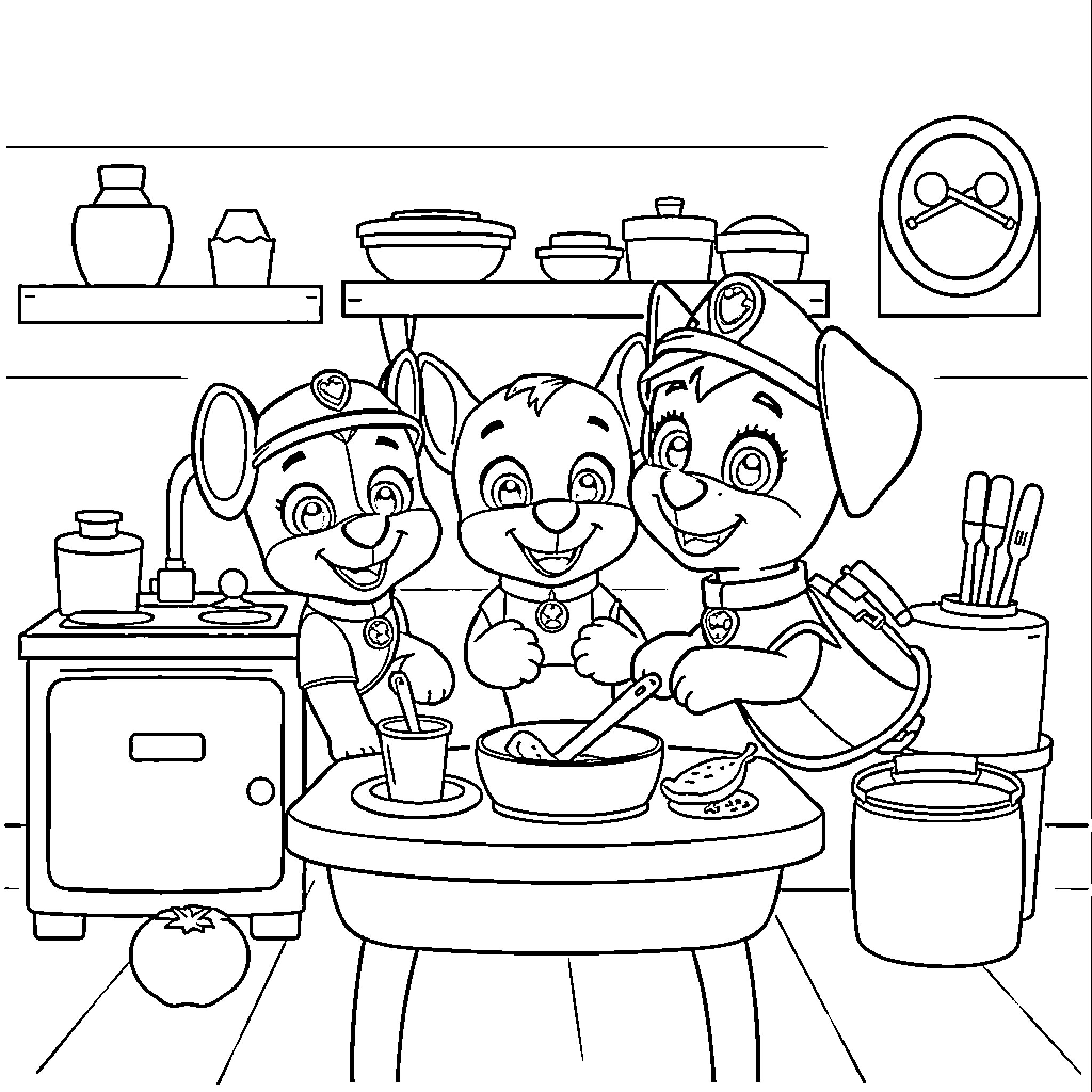 Paw Patrol Pups Cooking Happily in the Kitchen Coloring Page (free black-and-white line drawing printable PDF for all, from beginners to advanced learners, including children, teens, adults, and seniors)