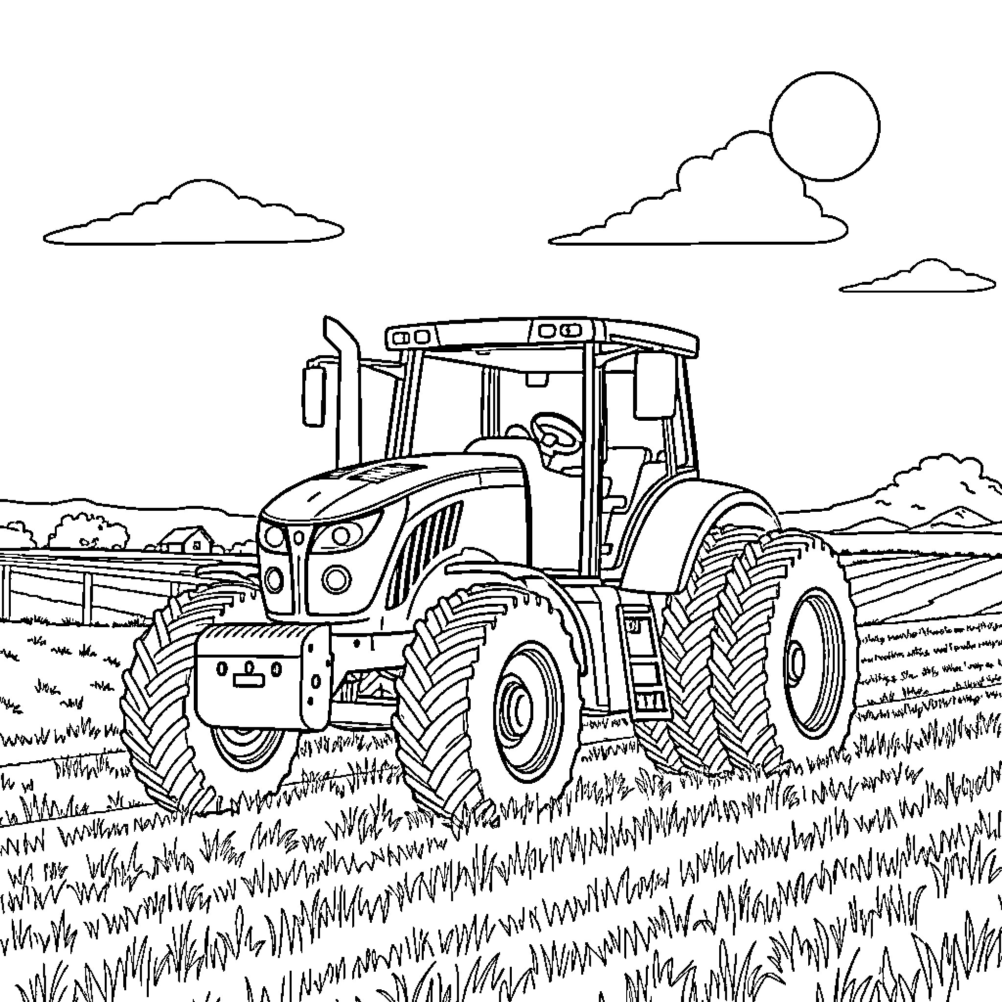Tractor plowing through a scenic countryside Coloring Page (free black-and-white line drawing printable PDF for all, from beginners to advanced learners, including children, teens, adults, and seniors)
