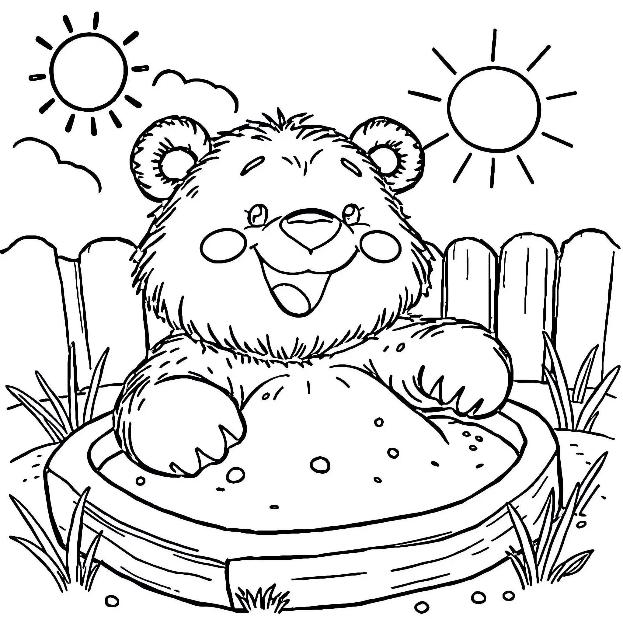 Bear enjoying a sunny day in nature Coloring Page (free black-and-white line drawing printable PDF for all, from beginners to advanced learners, including children, teens, adults, and seniors)