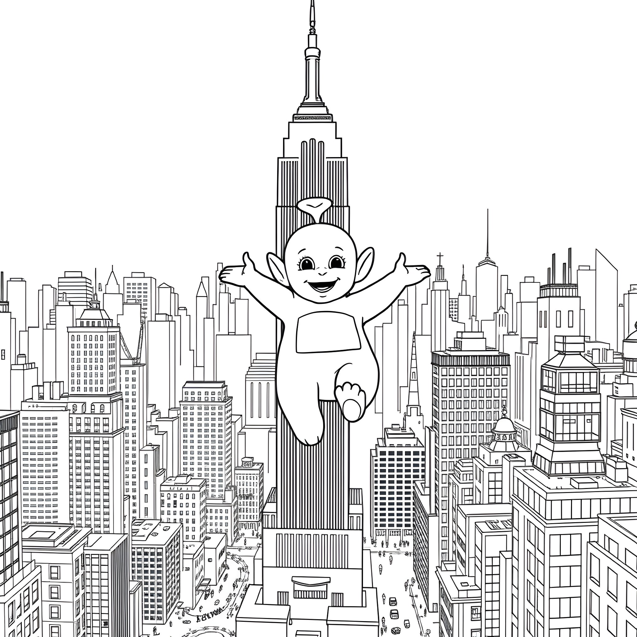 Teletubby exploring the bustling city skyline Coloring Page (free black-and-white line drawing printable PDF for all, from beginners to advanced learners, including children, teens, adults, and seniors)