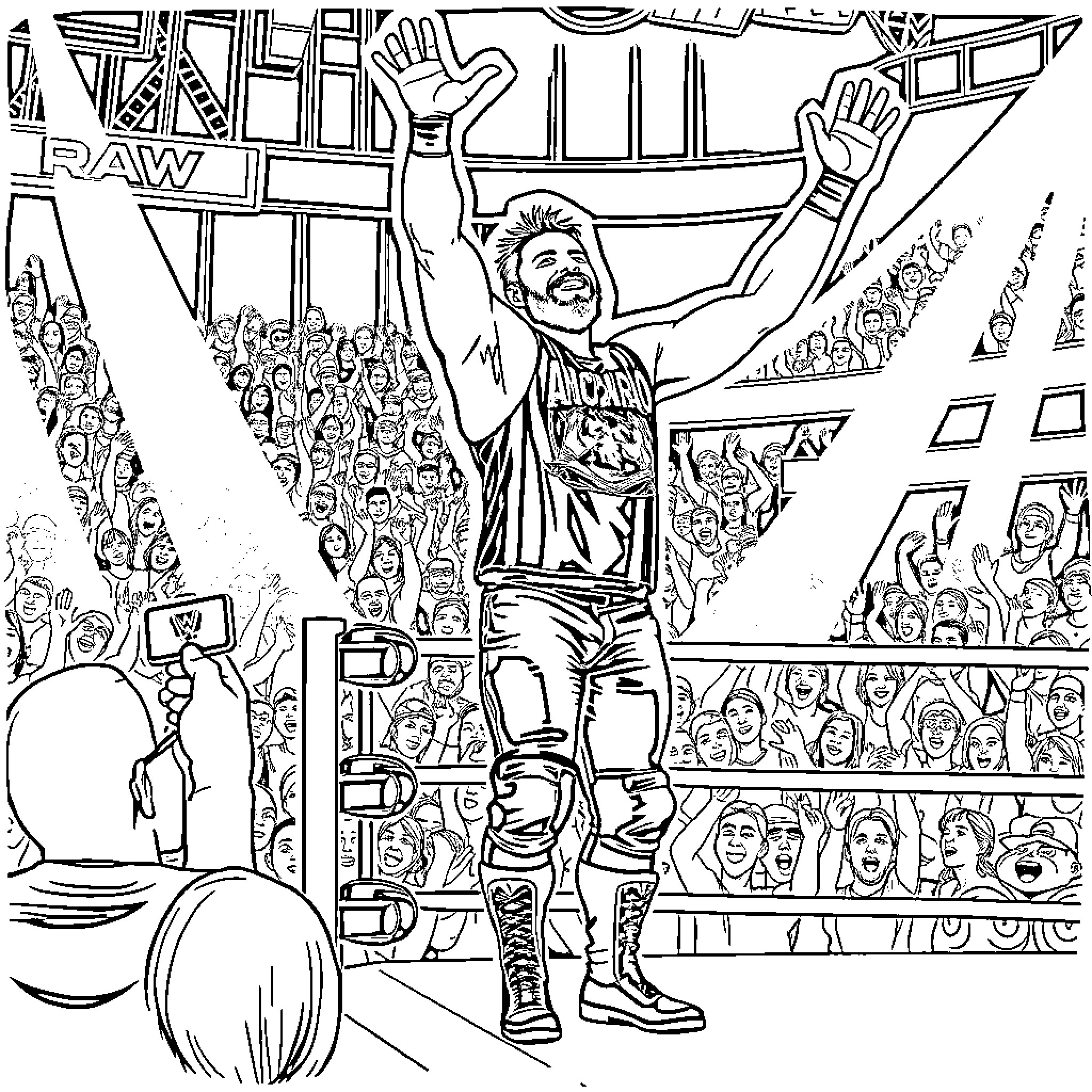 Jey Uso Celebrates Triumphant Victory in the Ring Coloring Page (free black-and-white line drawing printable PDF for all, from beginners to advanced learners, including children, teens, adults, and seniors)