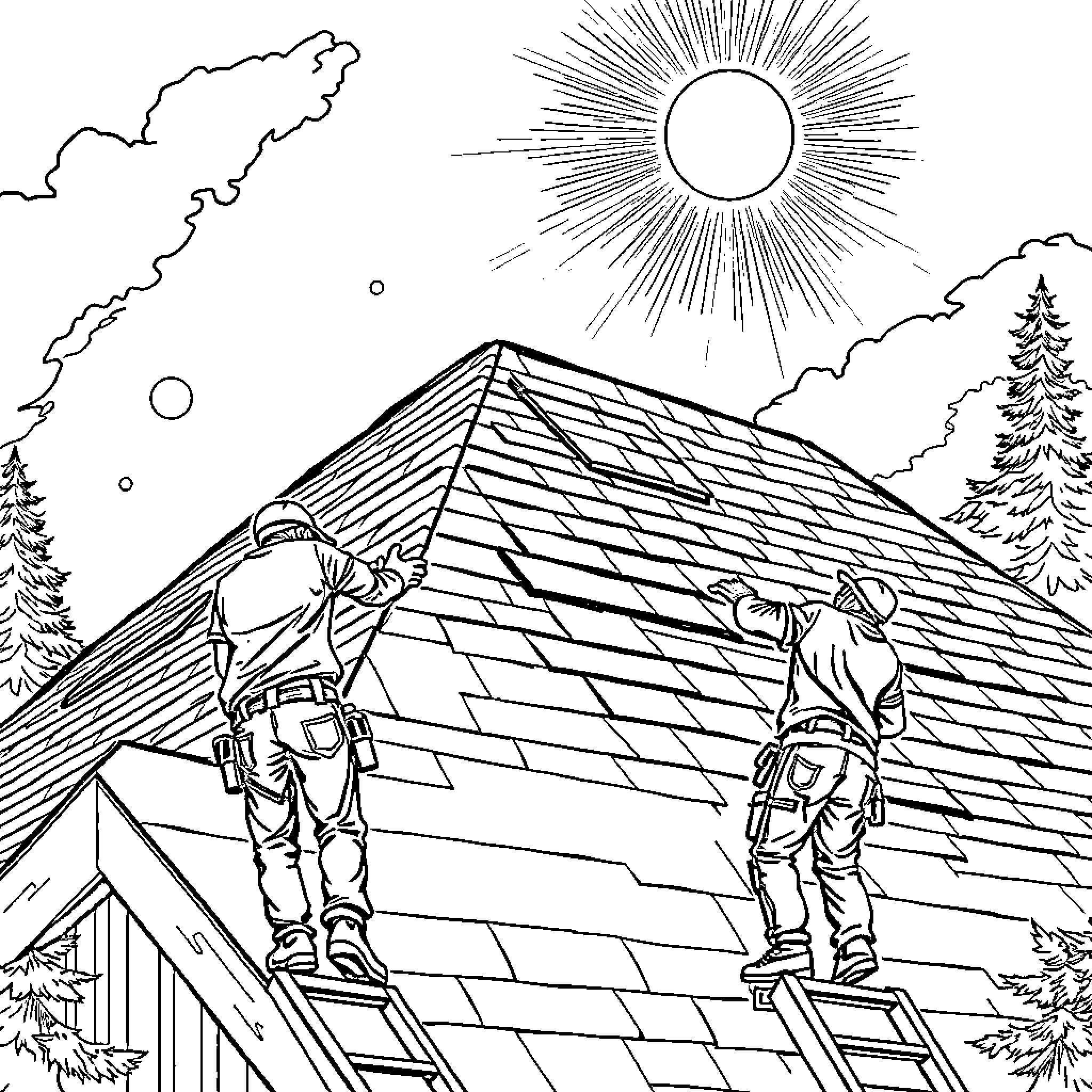 Roofers working diligently on a sunny day Coloring Page (free black-and-white line drawing printable PDF for all, from beginners to advanced learners, including children, teens, adults, and seniors)