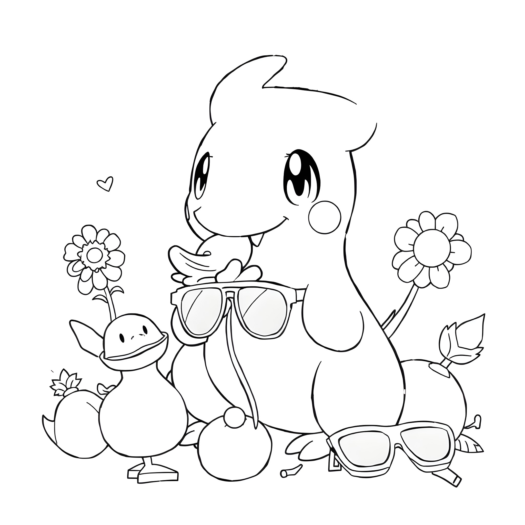 Ditto with Cute Characters and Flowers Coloring Page (free black-and-white line drawing printable PDF for all, from beginners to advanced learners, including children, teens, adults, and seniors)