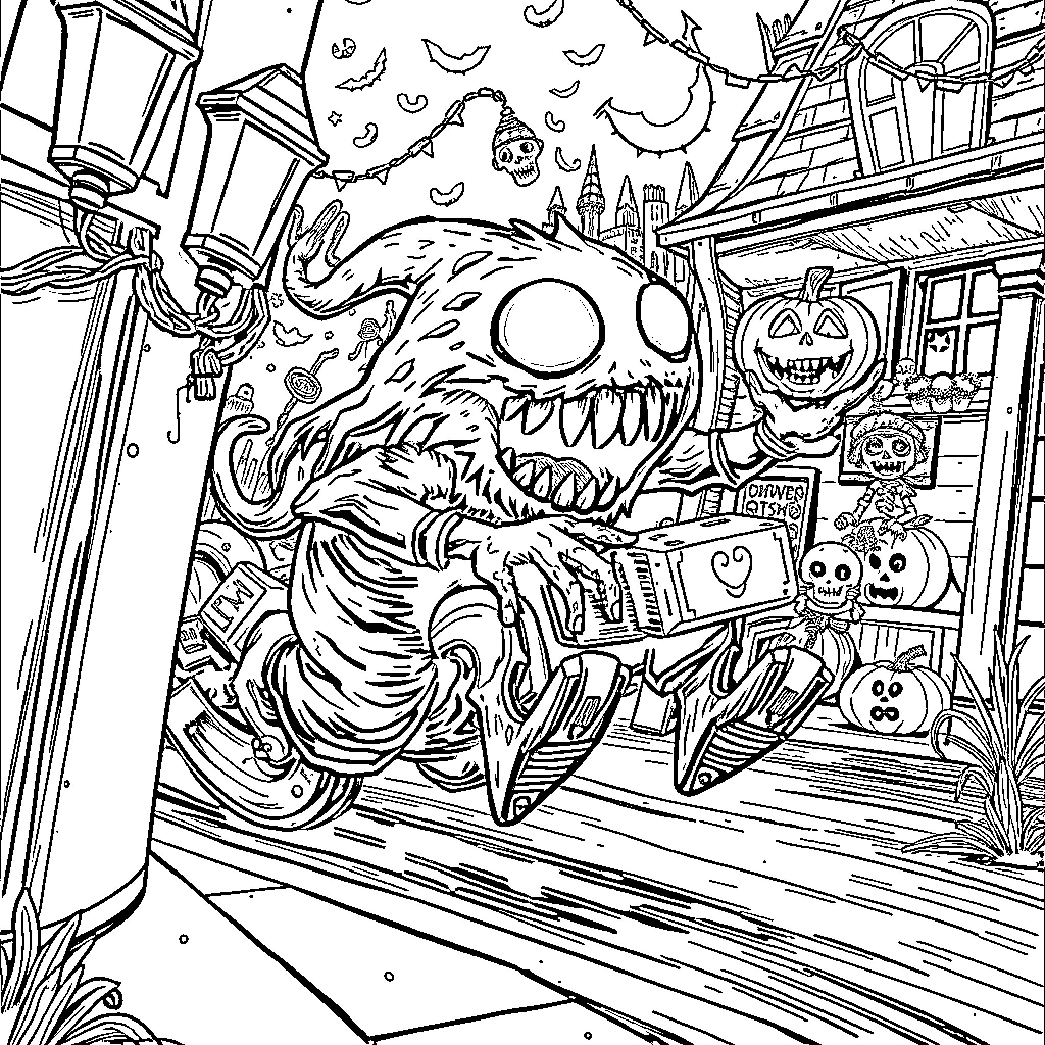 Monster Halloween Scene with Scary Creatures and Decorations Coloring Page (free black-and-white line drawing printable PDF for all, from beginners to advanced learners, including children, teens, adults, and seniors)