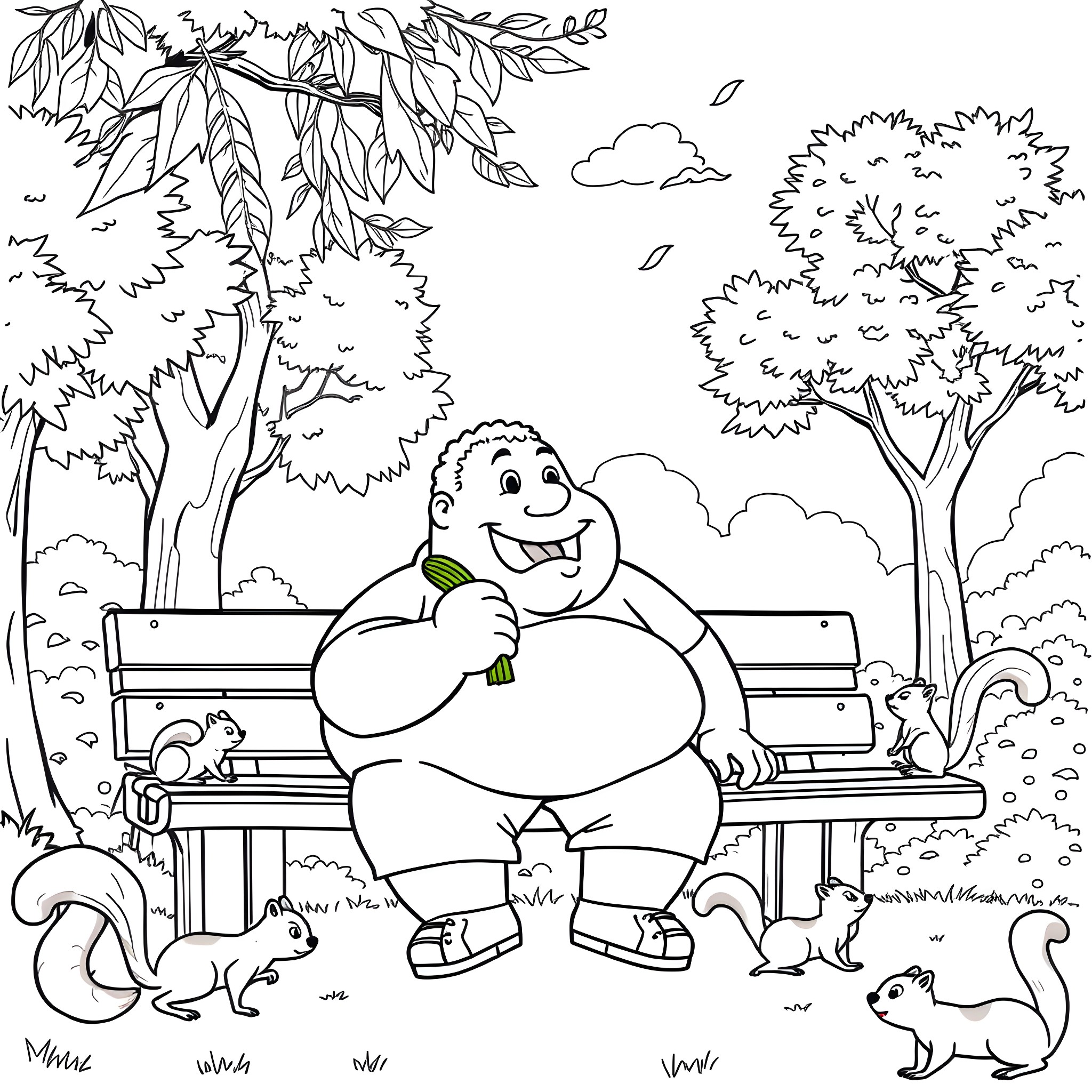 Fat Albert enjoying nature on a park bench Coloring Page (free black-and-white line drawing printable PDF for all, from beginners to advanced learners, including children, teens, adults, and seniors)
