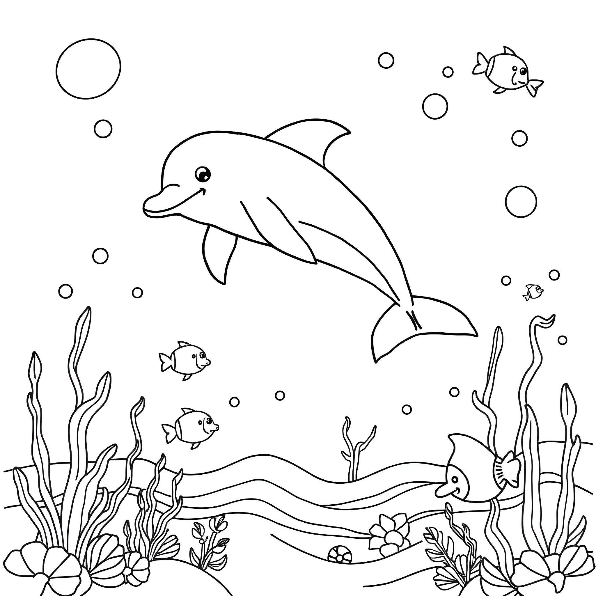 Dolphin swimming with fish in underwater scene Coloring Page (free black-and-white line drawing printable PDF for all, from beginners to advanced learners, including children, teens, adults, and seniors)