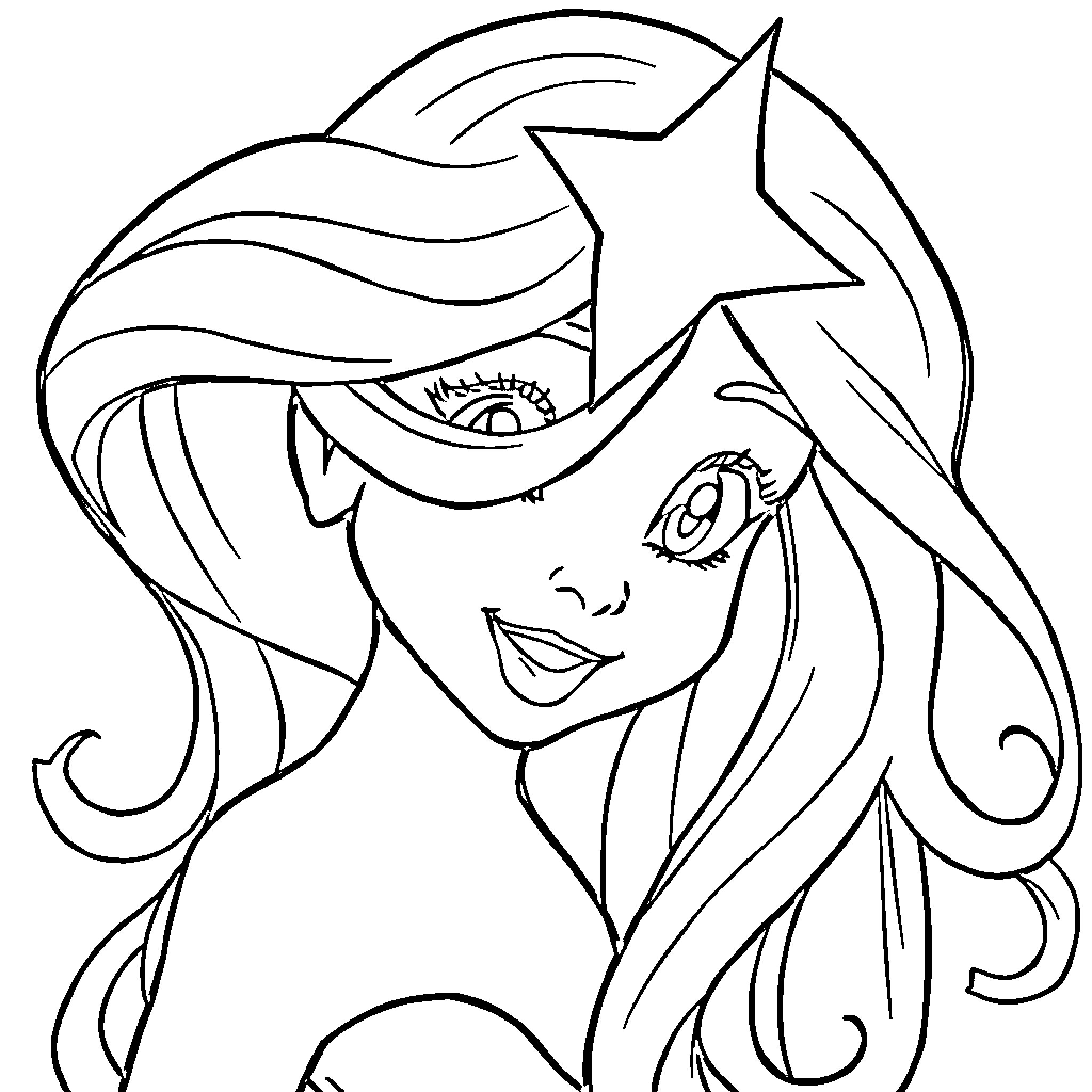 Star-shaped Mermaid with Flowing Hair Coloring Page (free black-and-white line drawing printable PDF for all, from beginners to advanced learners, including children, teens, adults, and seniors)