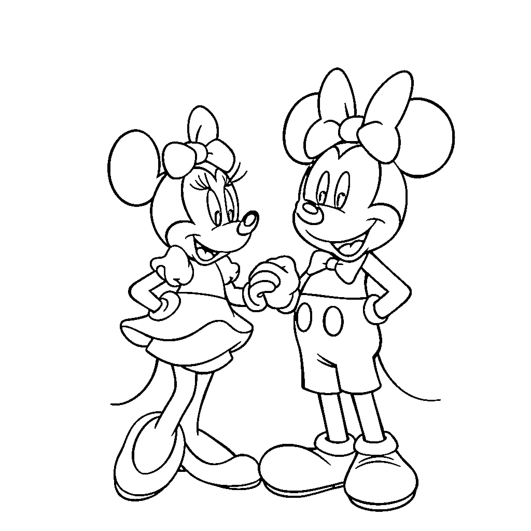 Minnie and Mickey Mouse in Casual Outfits Coloring Page (free black-and-white line drawing printable PDF for all, from beginners to advanced learners, including children, teens, adults, and seniors)