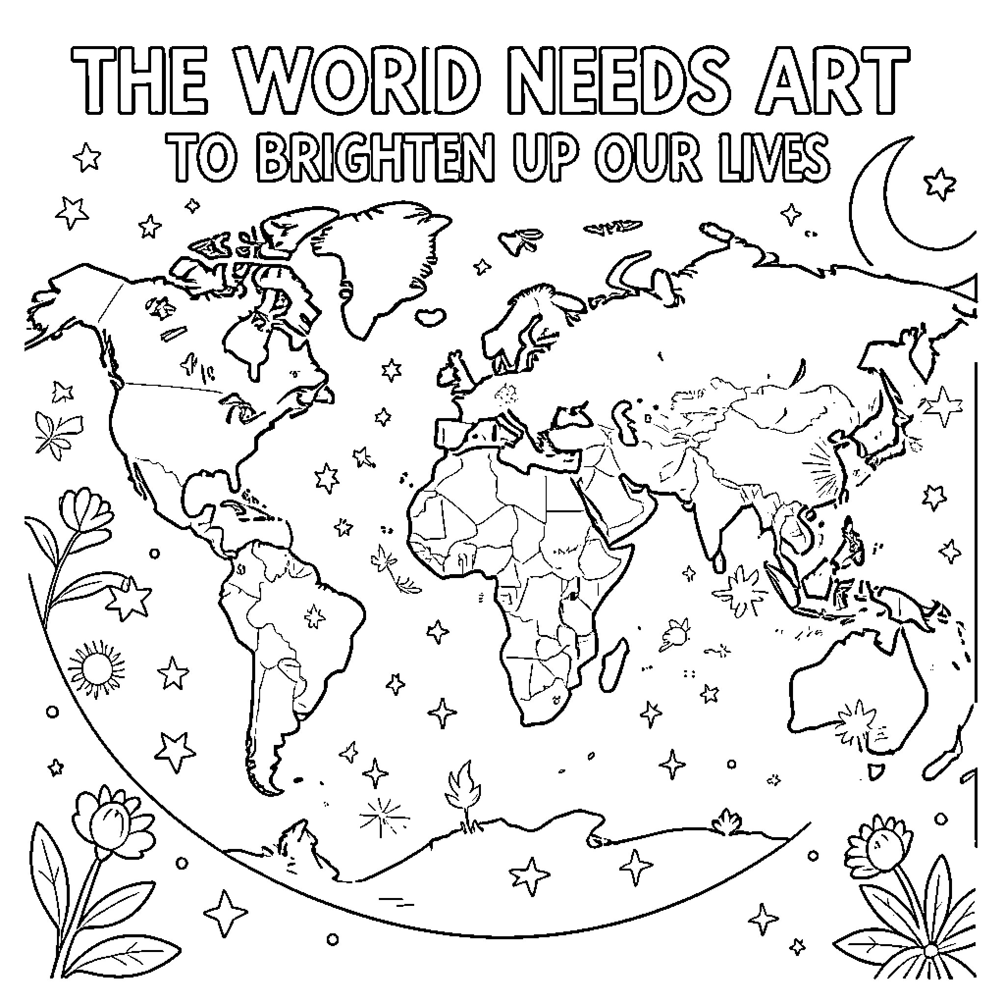 Art Brightening the World with Creative Expressions Coloring Page (free black-and-white line drawing printable PDF for all, from beginners to advanced learners, including children, teens, adults, and seniors)