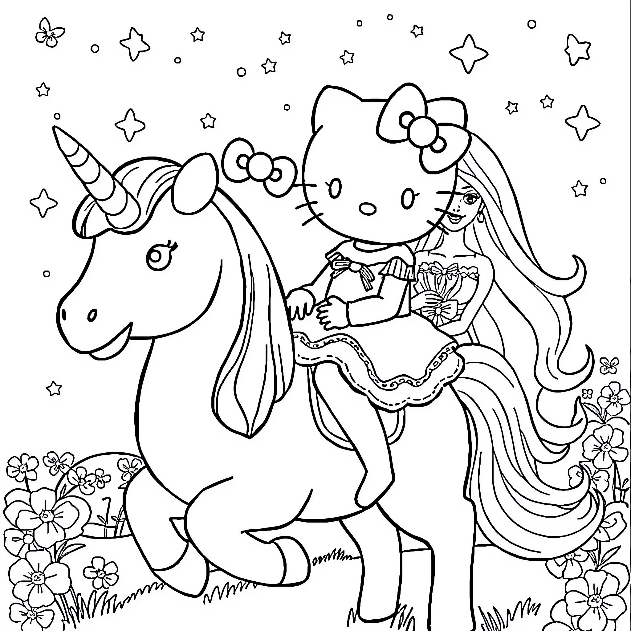 Hello Kitty riding a magical unicorn among the stars Coloring Page (free black-and-white line drawing printable PDF for all, from beginners to advanced learners, including children, teens, adults, and seniors)
