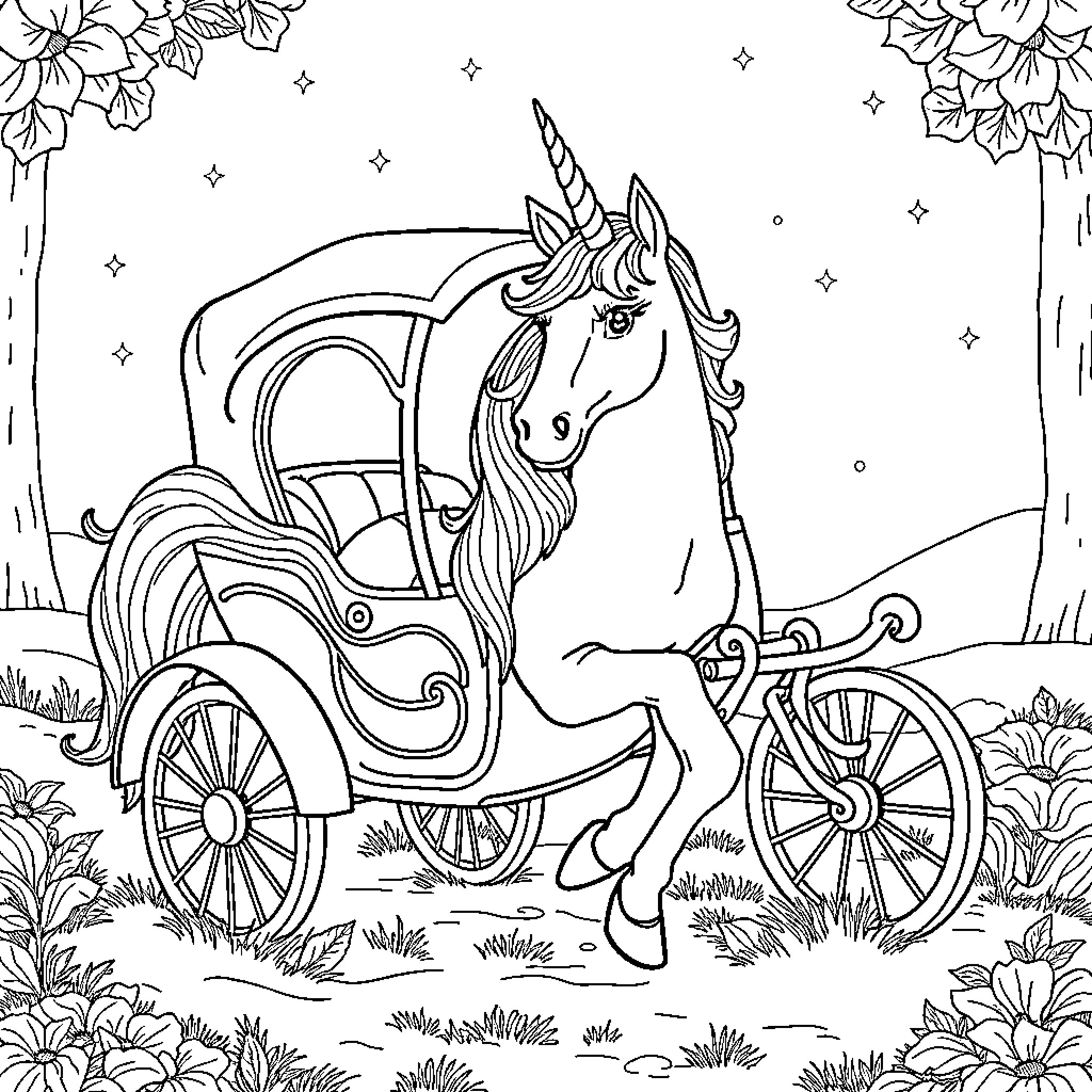 Unicorn Car pulling a whimsical carriage Coloring Page (free black-and-white line drawing printable PDF for all, from beginners to advanced learners, including children, teens, adults, and seniors)