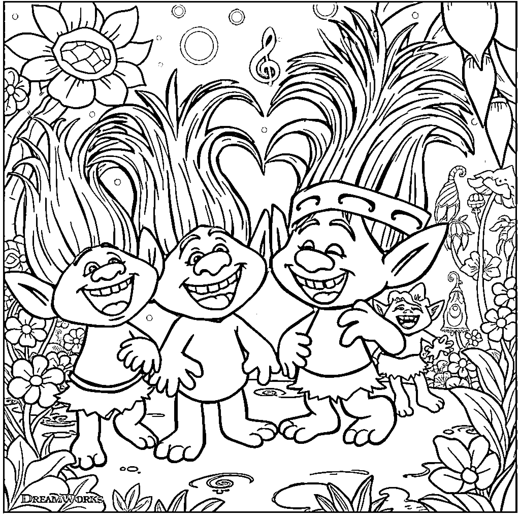Troll friends enjoying a playful scene in nature Coloring Page (free black-and-white line drawing printable PDF for all, from beginners to advanced learners, including children, teens, adults, and seniors)
