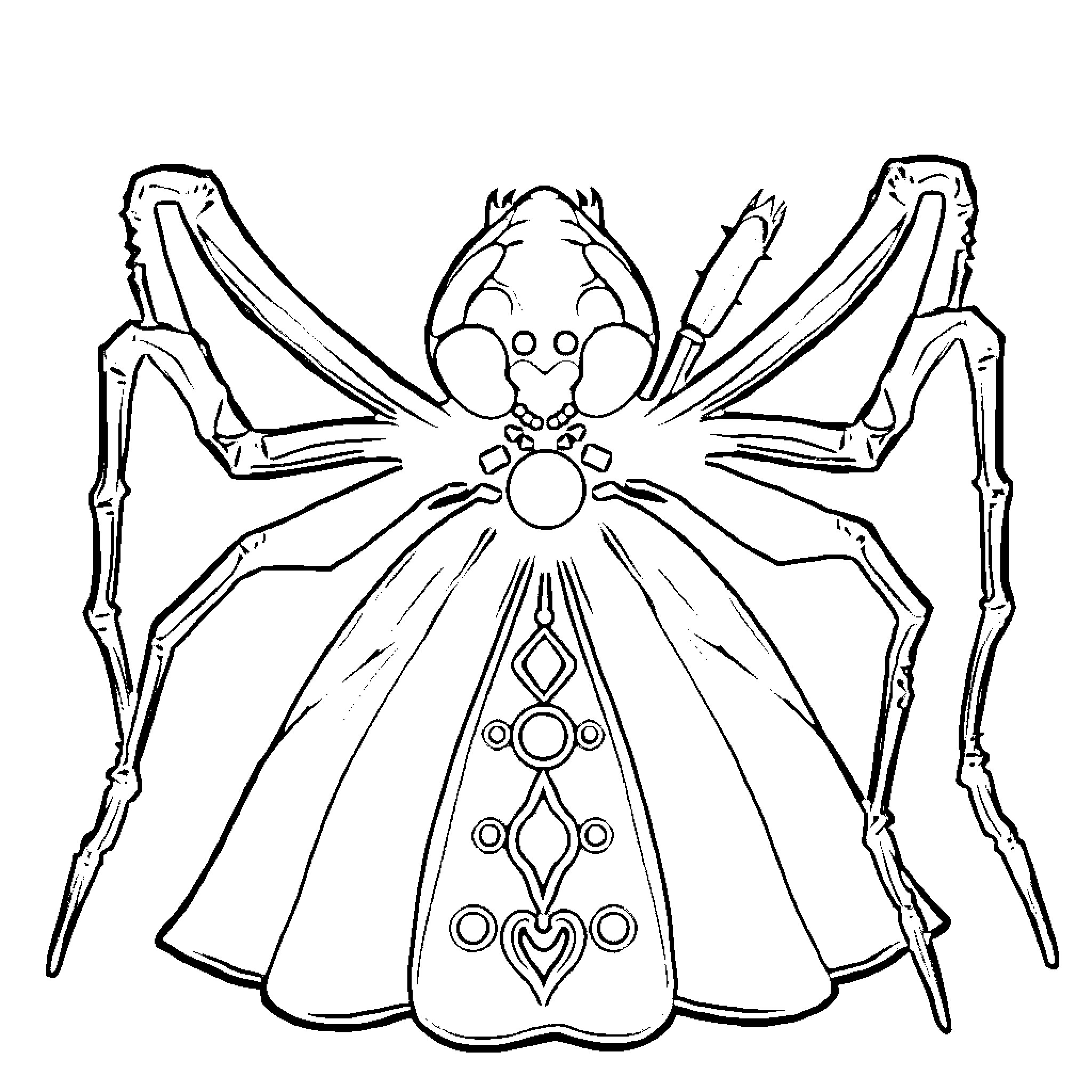 Spider with ornate costume and outstretched legs Coloring Page (free black-and-white line drawing printable PDF for all, from beginners to advanced learners, including children, teens, adults, and seniors)
