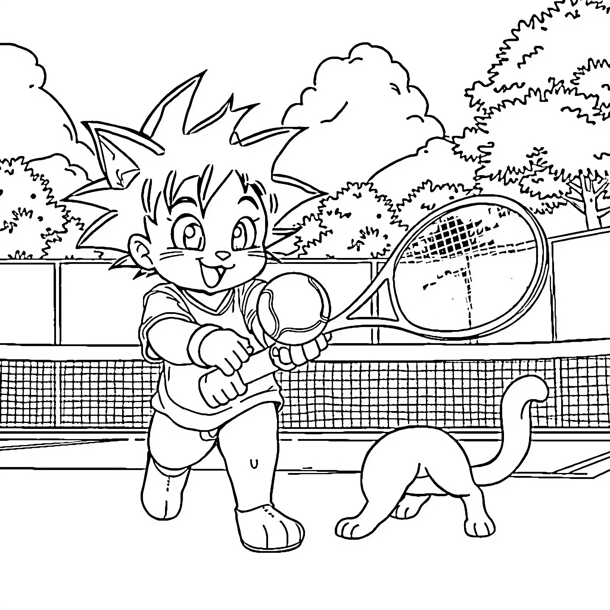 Gaby's Exciting Tennis Match on the Court Coloring Page (free black-and-white line drawing printable PDF for all, from beginners to advanced learners, including children, teens, adults, and seniors)