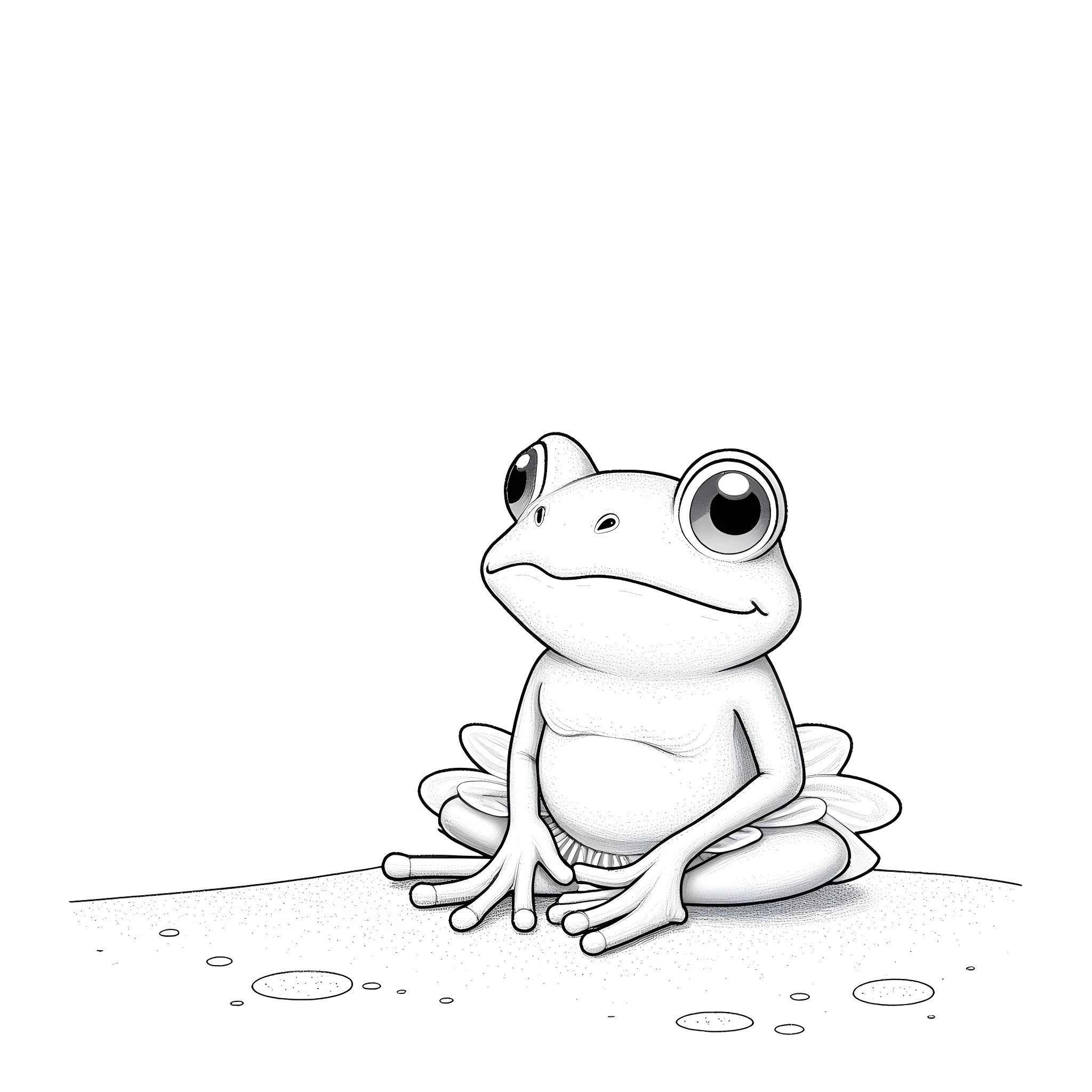 Frog sitting peacefully on the ground Coloring Page (free black-and-white line drawing printable PDF for all, from beginners to advanced learners, including children, teens, adults, and seniors)