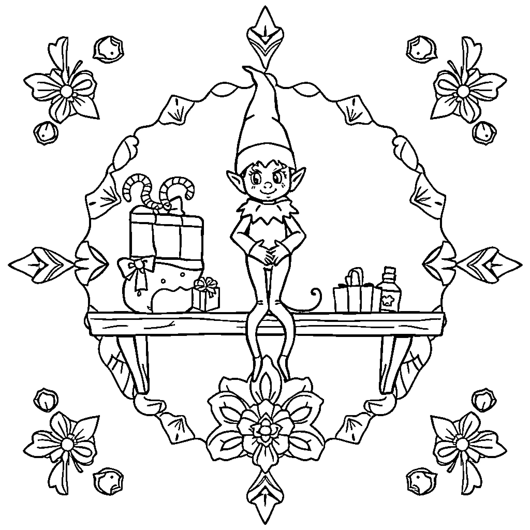 Elf decorating holiday gifts and preparations Coloring Page (free black-and-white line drawing printable PDF for all, from beginners to advanced learners, including children, teens, adults, and seniors)