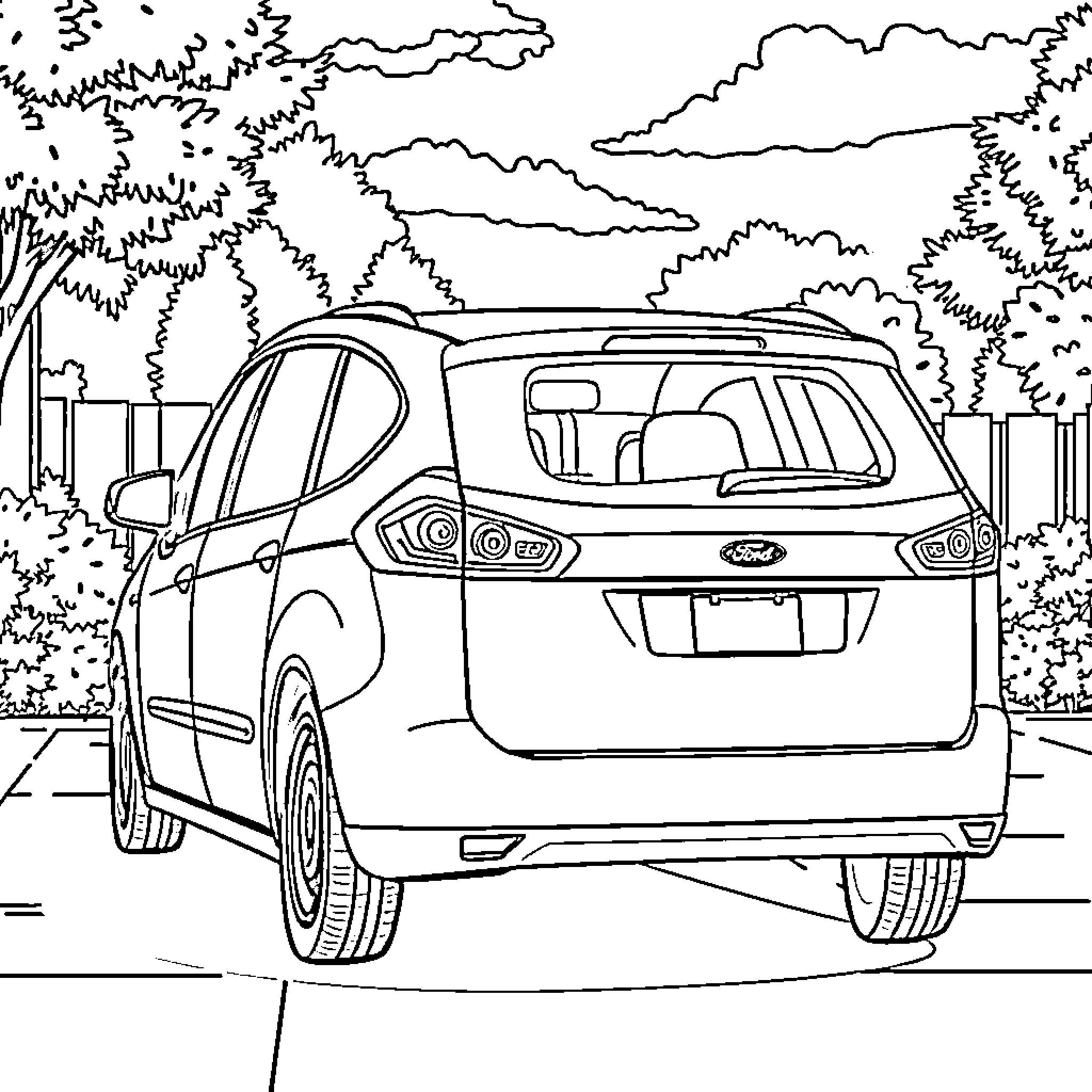 Ford S-Max parked in a scenic outdoor setting Coloring Page (free black-and-white line drawing printable PDF for all, from beginners to advanced learners, including children, teens, adults, and seniors)