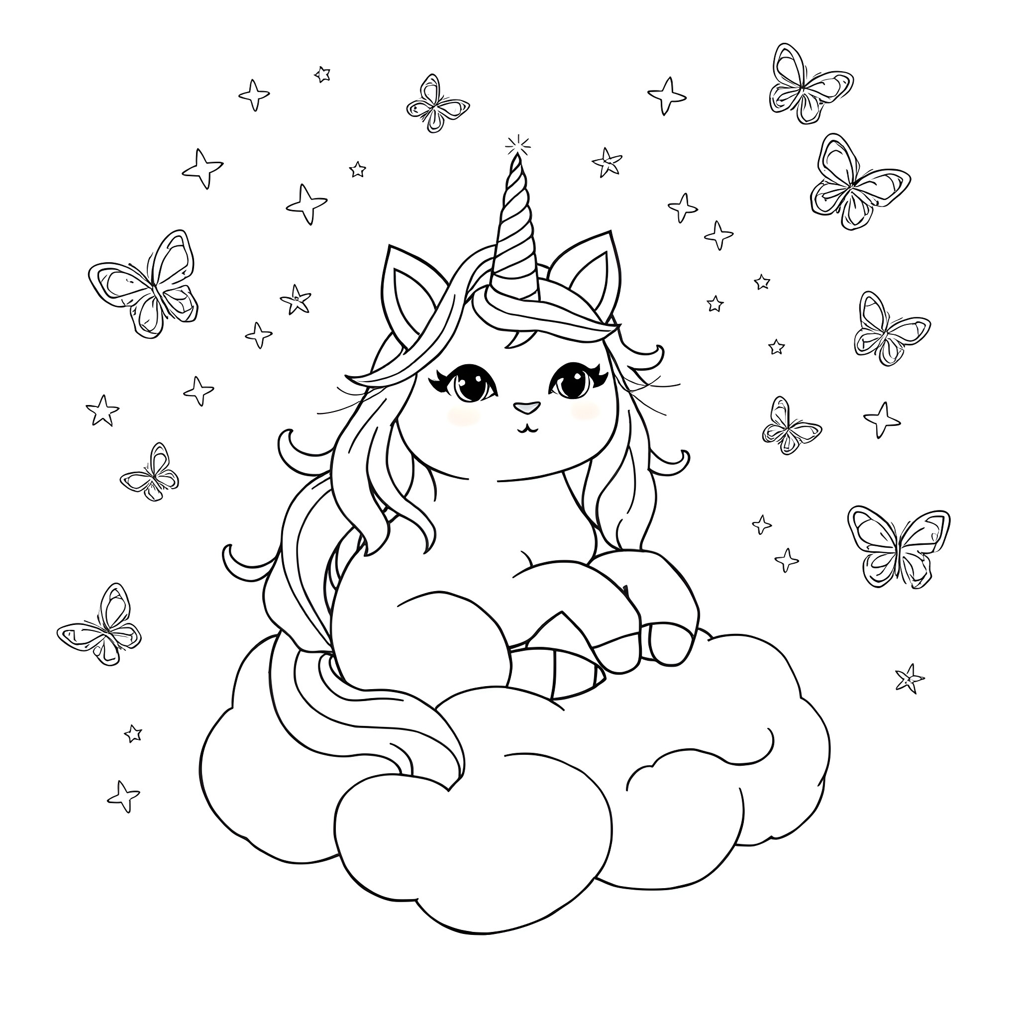 Unicorn Cat playing on the clouds with butterflies Coloring Page (free black-and-white line drawing printable PDF for all, from beginners to advanced learners, including children, teens, adults, and seniors)