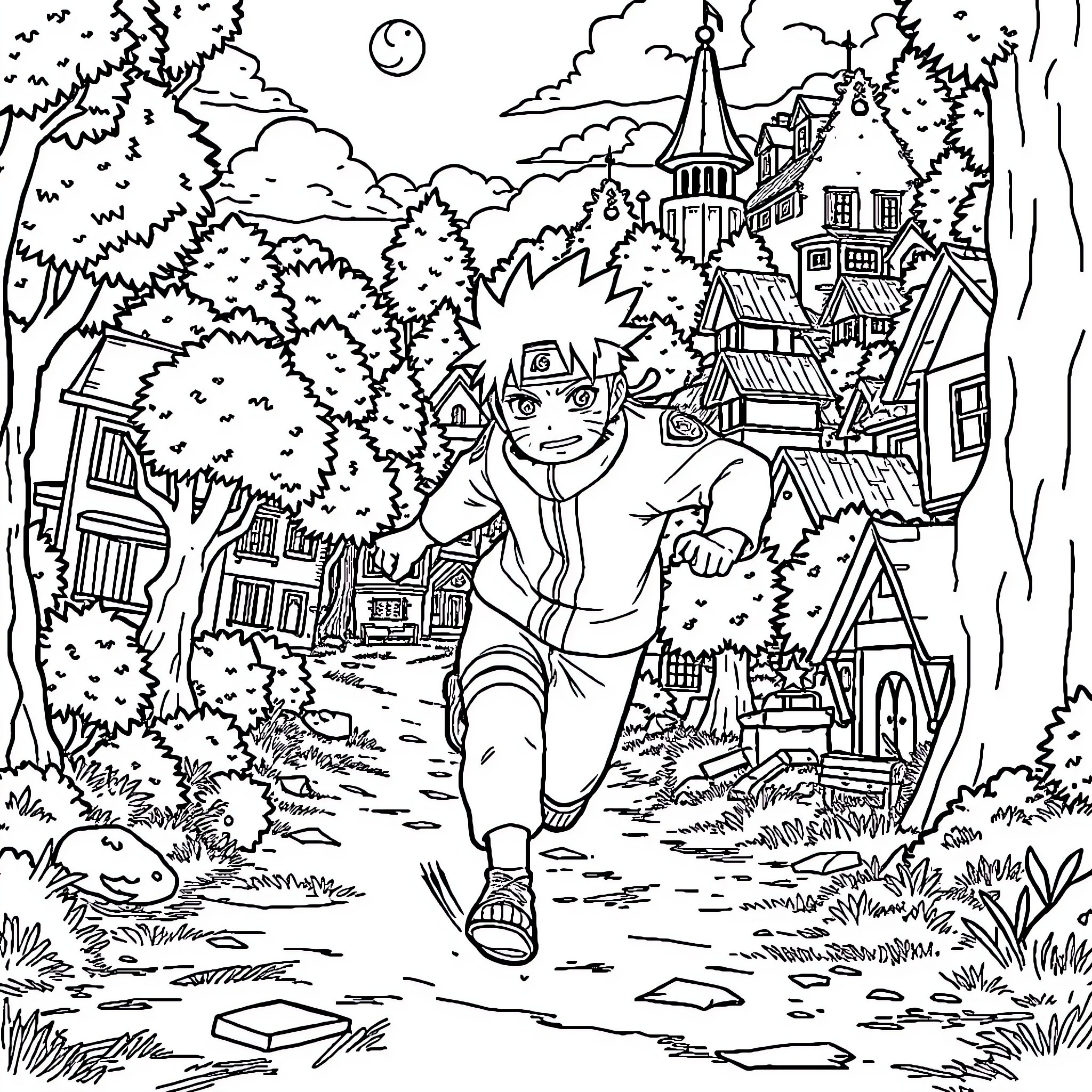 Naruto's Adventurous Journey through the Whimsical Village Coloring Page (free black-and-white line drawing printable PDF for all, from beginners to advanced learners, including children, teens, adults, and seniors)
