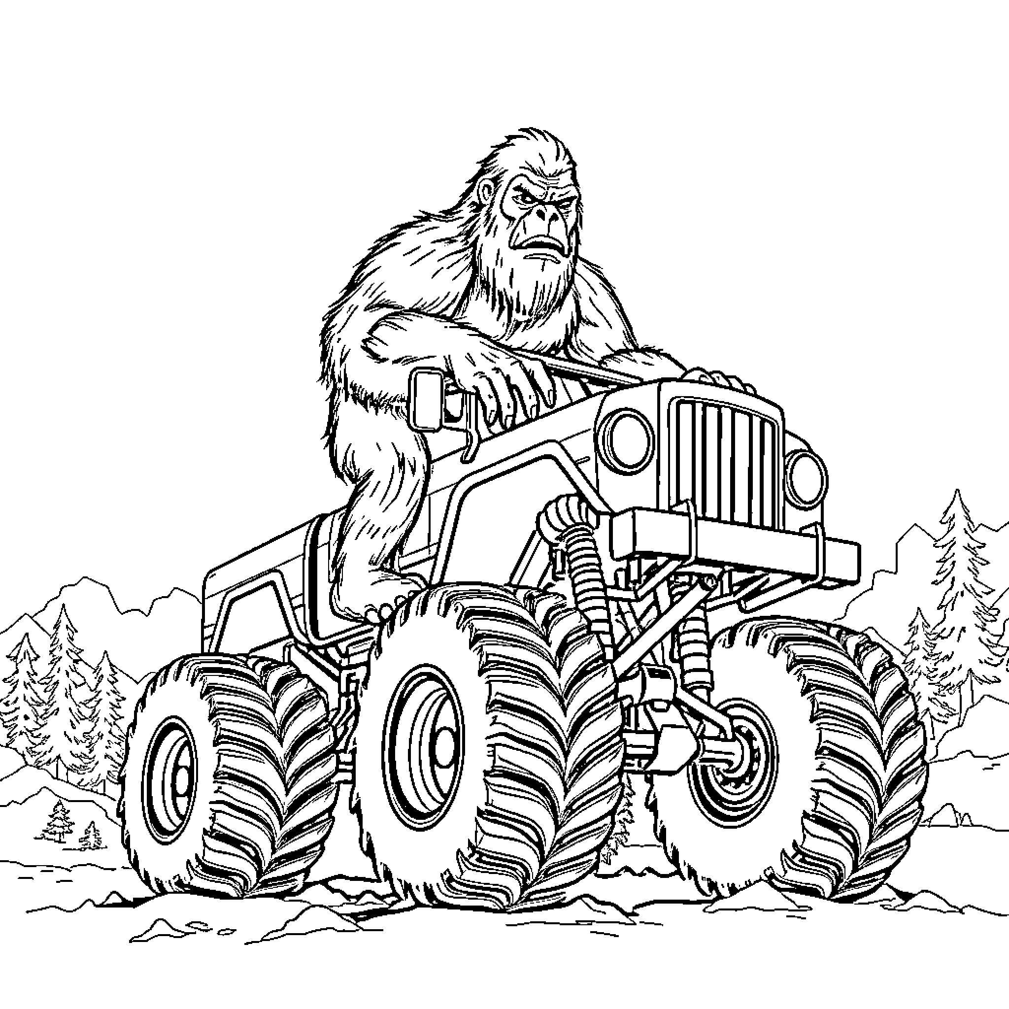 Bigfoot driving a monster truck in the wilderness Coloring Page (free black-and-white line drawing printable PDF for all, from beginners to advanced learners, including children, teens, adults, and seniors)