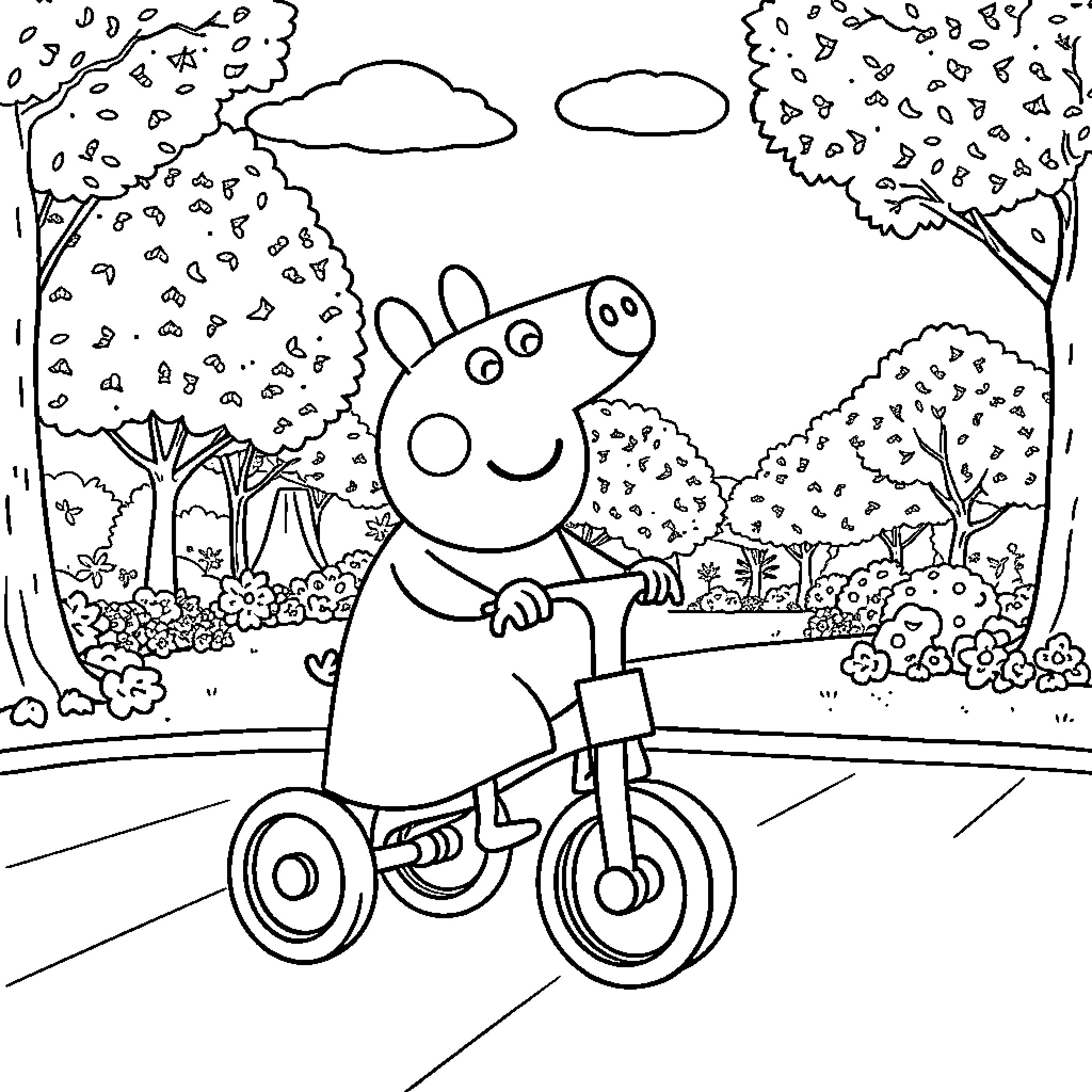 Peppa Pig riding a bicycle in the park Coloring Page (free black-and-white line drawing printable PDF for all, from beginners to advanced learners, including children, teens, adults, and seniors)