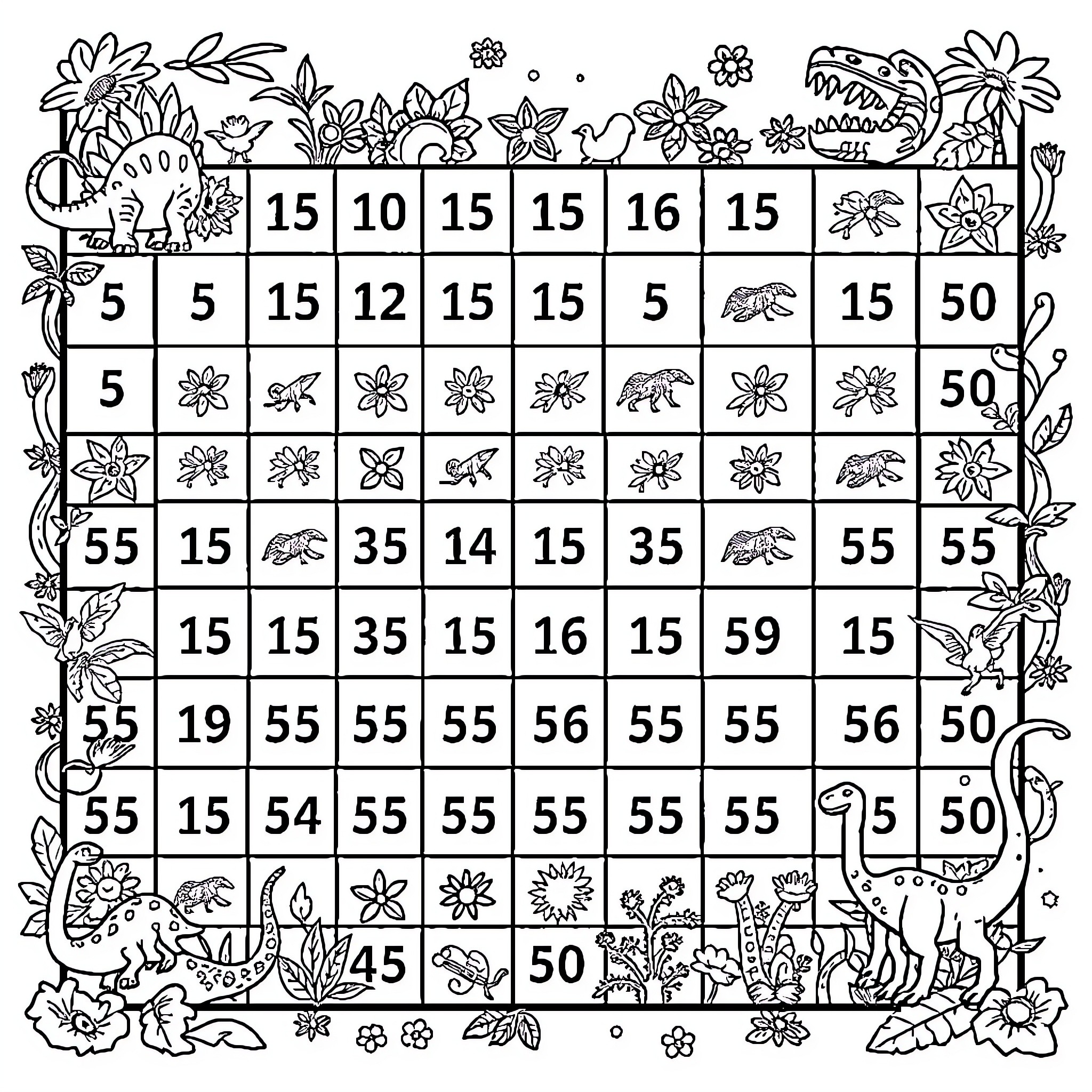 Dinosaur coloring board with numbered squares and floral designs Coloring Page (free black-and-white line drawing printable PDF for all, from beginners to advanced learners, including children, teens, adults, and seniors)