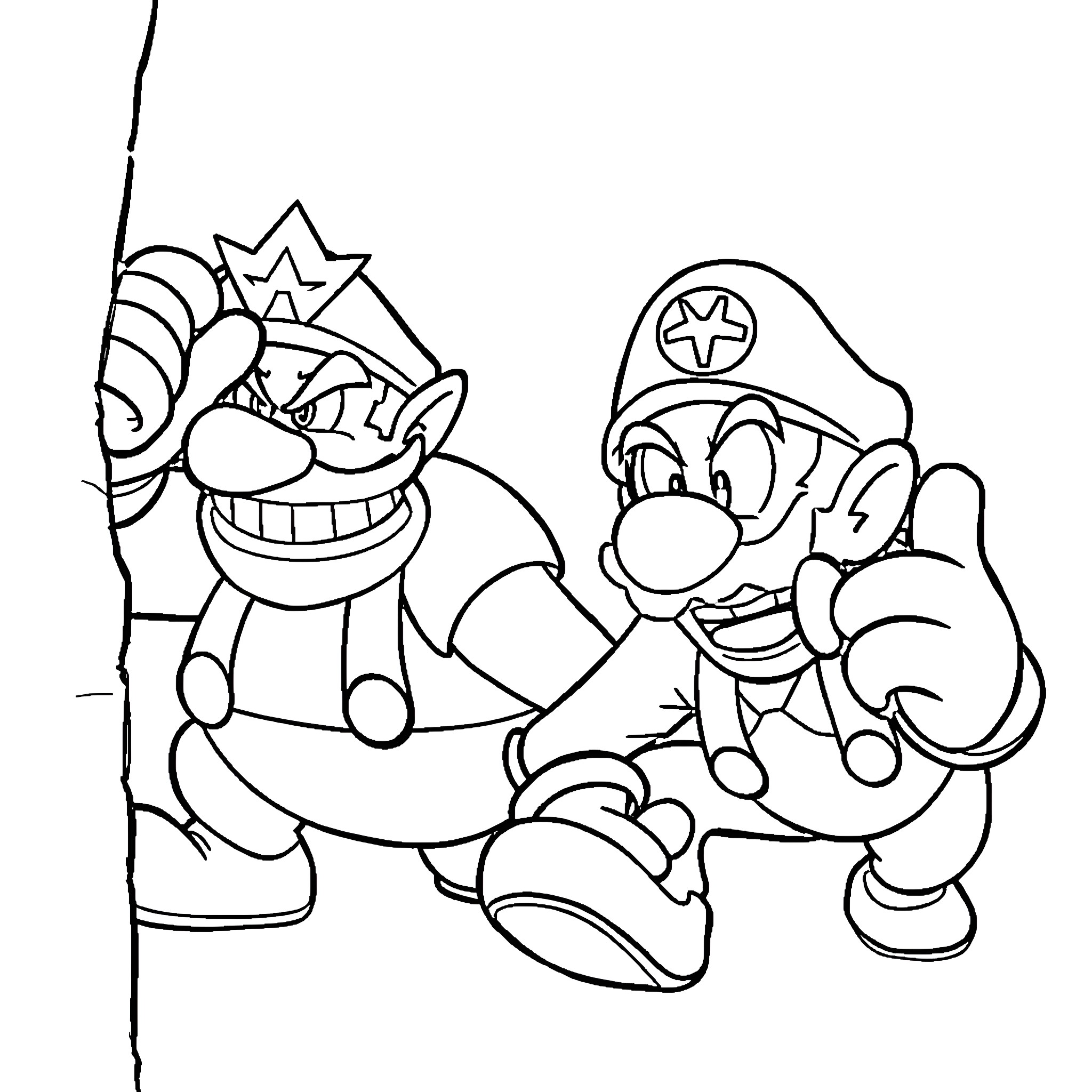 Wario and Waluigi in a mischievous adventure Coloring Page (free black-and-white line drawing printable PDF for all, from beginners to advanced learners, including children, teens, adults, and seniors)
