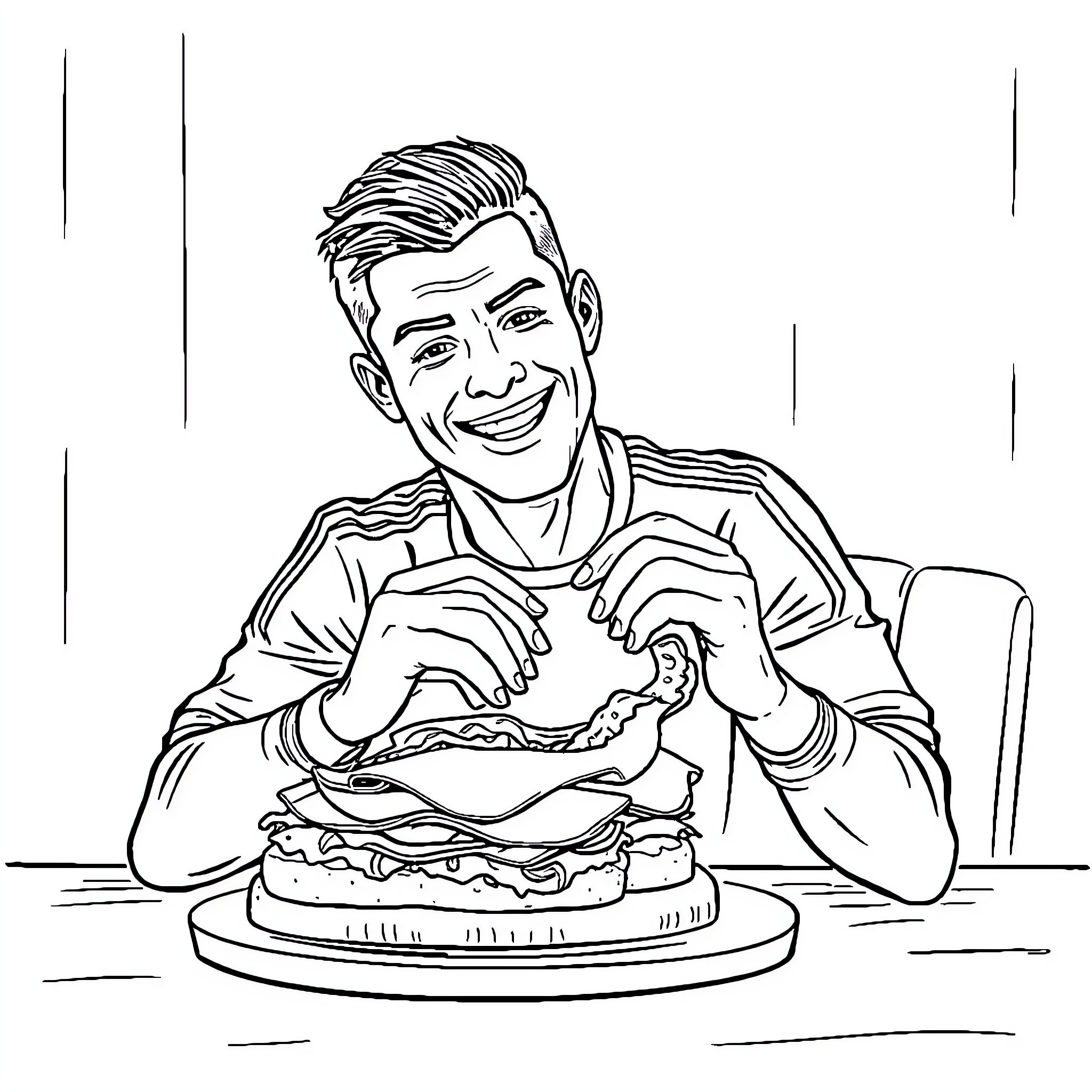 Ronaldo Enjoying a Delicious Burger Coloring Page (free black-and-white line drawing printable PDF for all, from beginners to advanced learners, including children, teens, adults, and seniors)