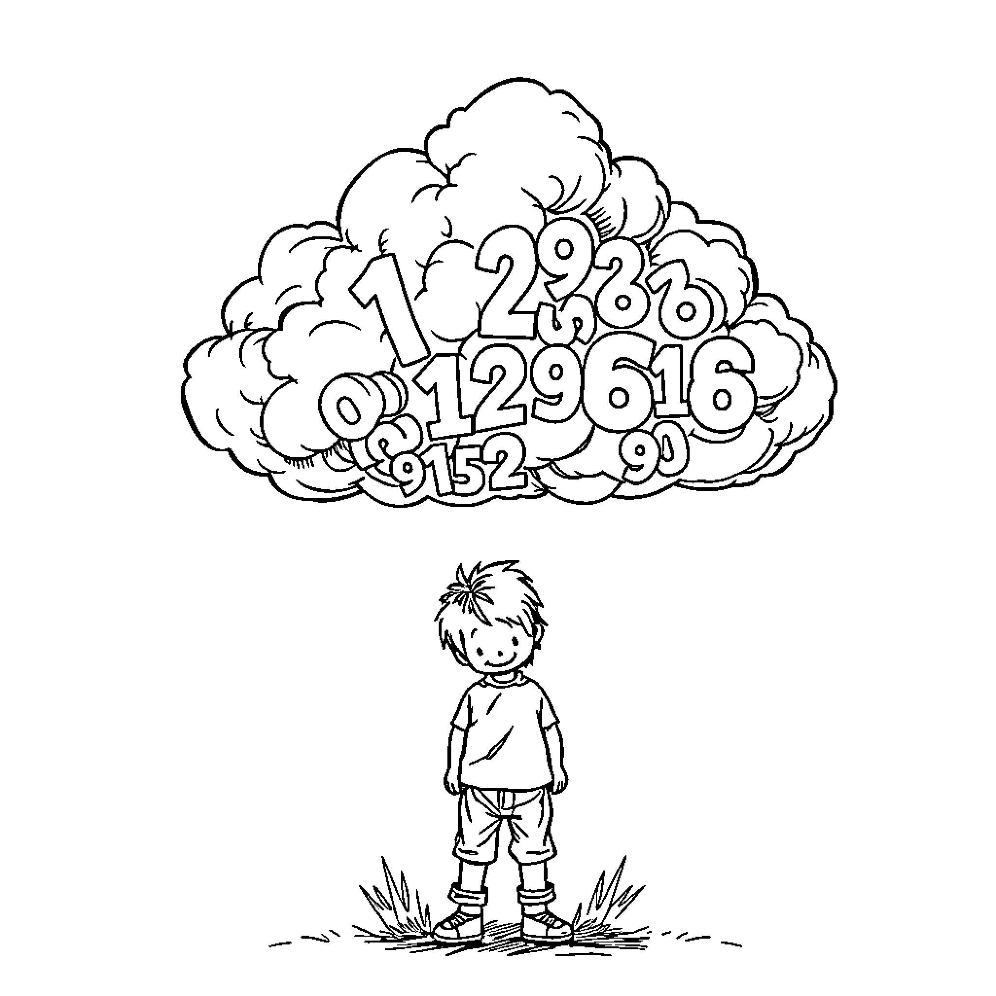 Boy gazing at cloud of numbers Coloring Page (free black-and-white line drawing printable PDF for all, from beginners to advanced learners, including children, teens, adults, and seniors)