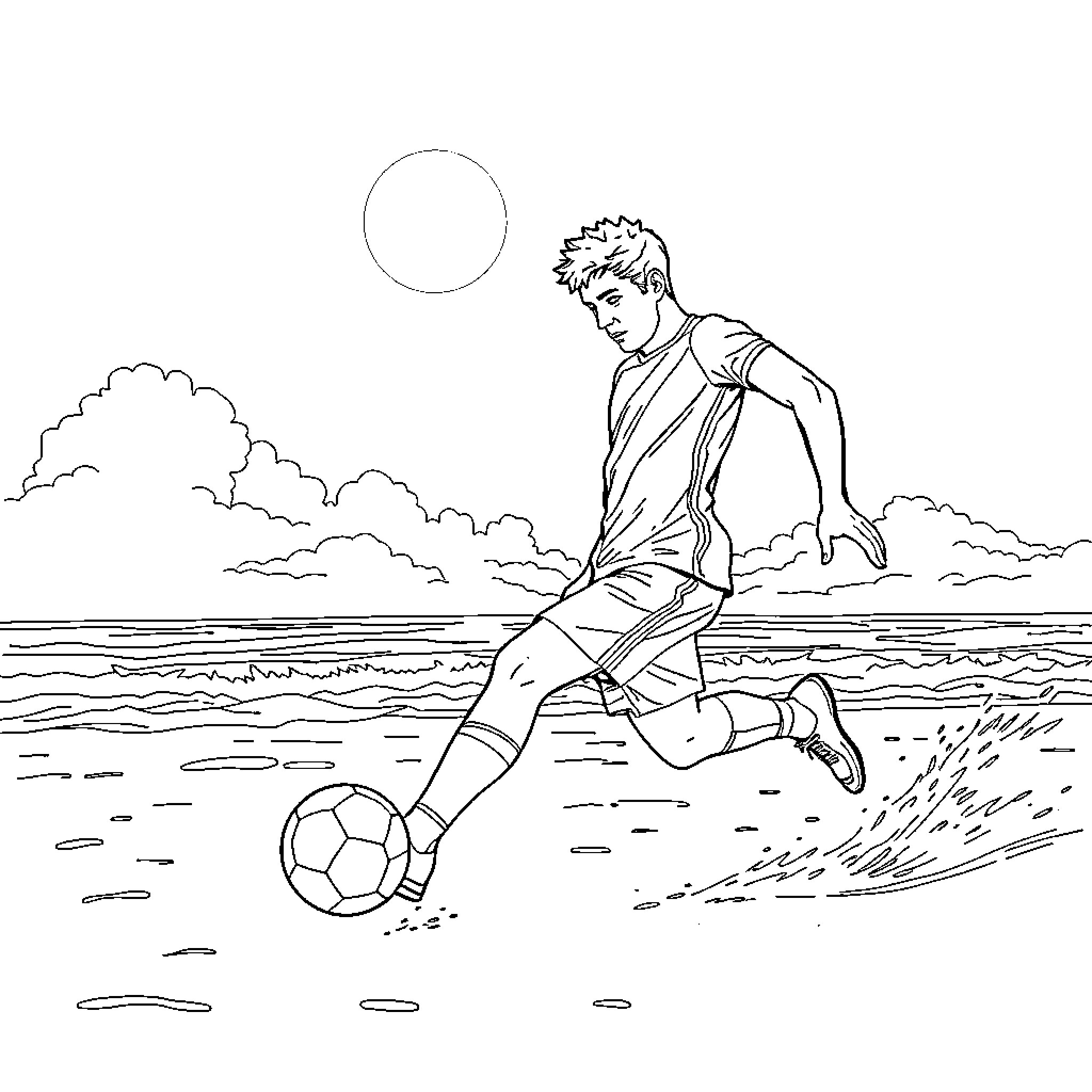 Estrella playing soccer on the beach Coloring Page (free black-and-white line drawing printable PDF for all, from beginners to advanced learners, including children, teens, adults, and seniors)