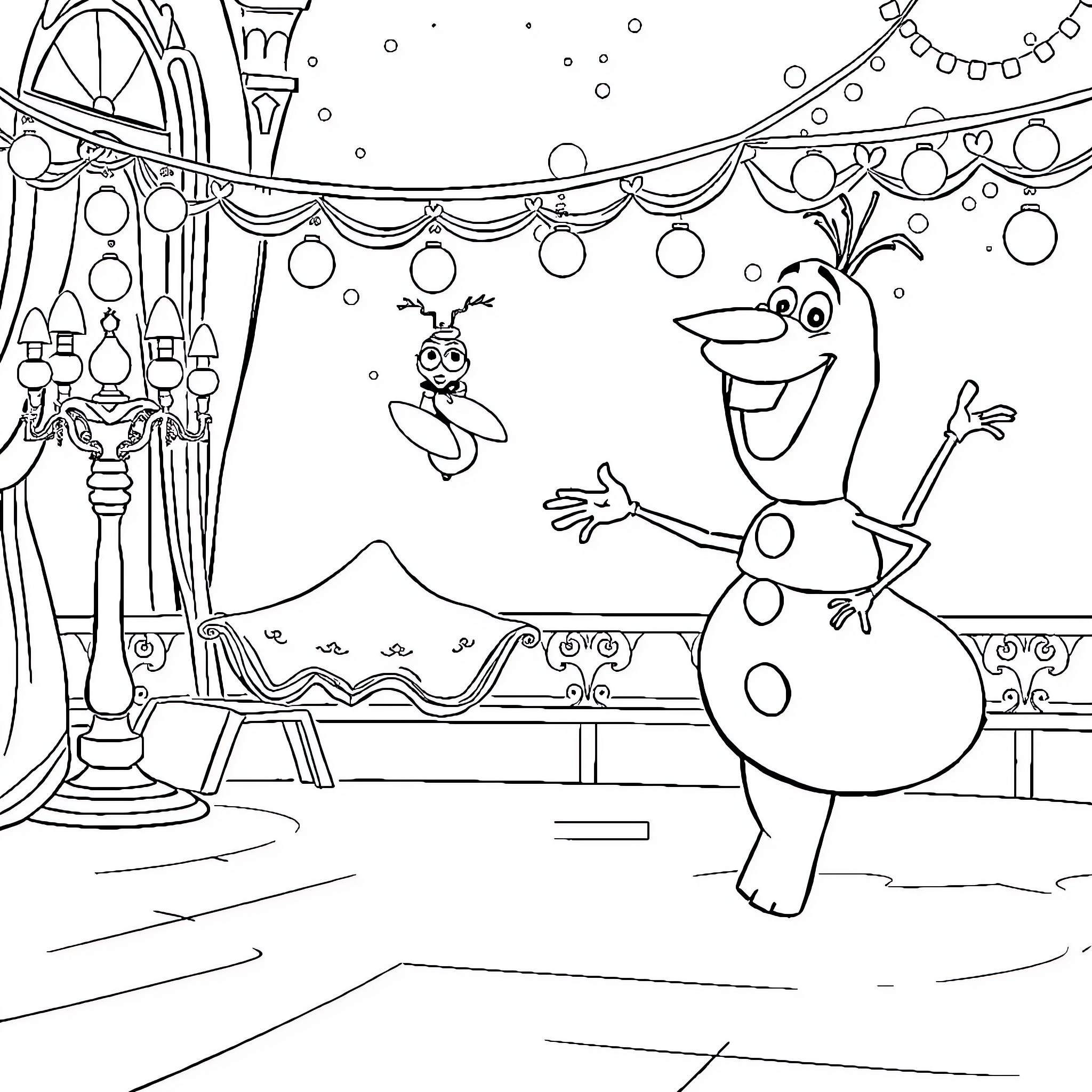 Olaf playing joyfully in a winter wonderland Coloring Page (free black-and-white line drawing printable PDF for all, from beginners to advanced learners, including children, teens, adults, and seniors)