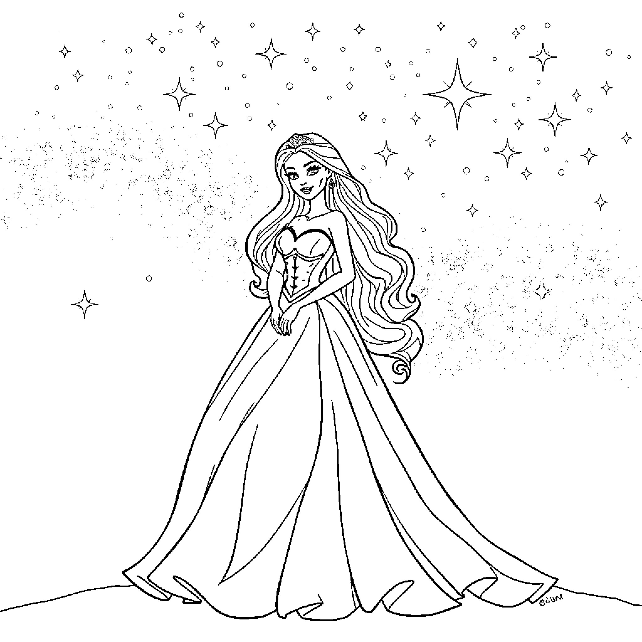 Barbie in a magical starry dress Coloring Page (free black-and-white line drawing printable PDF for all, from beginners to advanced learners, including children, teens, adults, and seniors)