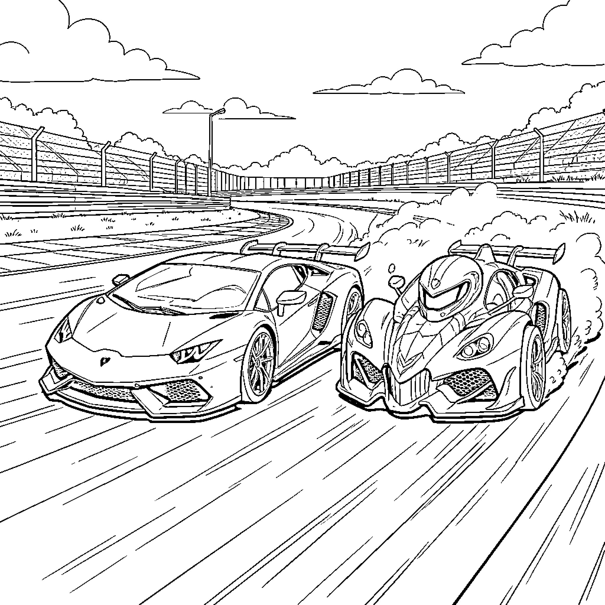 Car racing intensely on a professional track Coloring Page (free black-and-white line drawing printable PDF for all, from beginners to advanced learners, including children, teens, adults, and seniors)