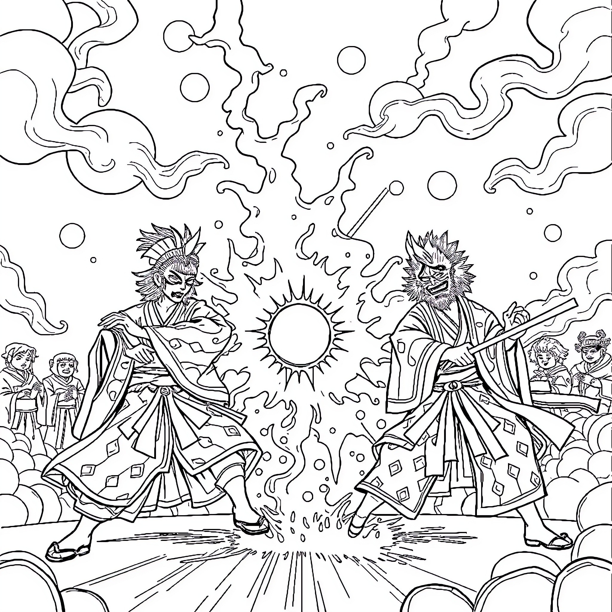 Kabuki performers in dramatic dance scene Coloring Page (free black-and-white line drawing printable PDF for all, from beginners to advanced learners, including children, teens, adults, and seniors)
