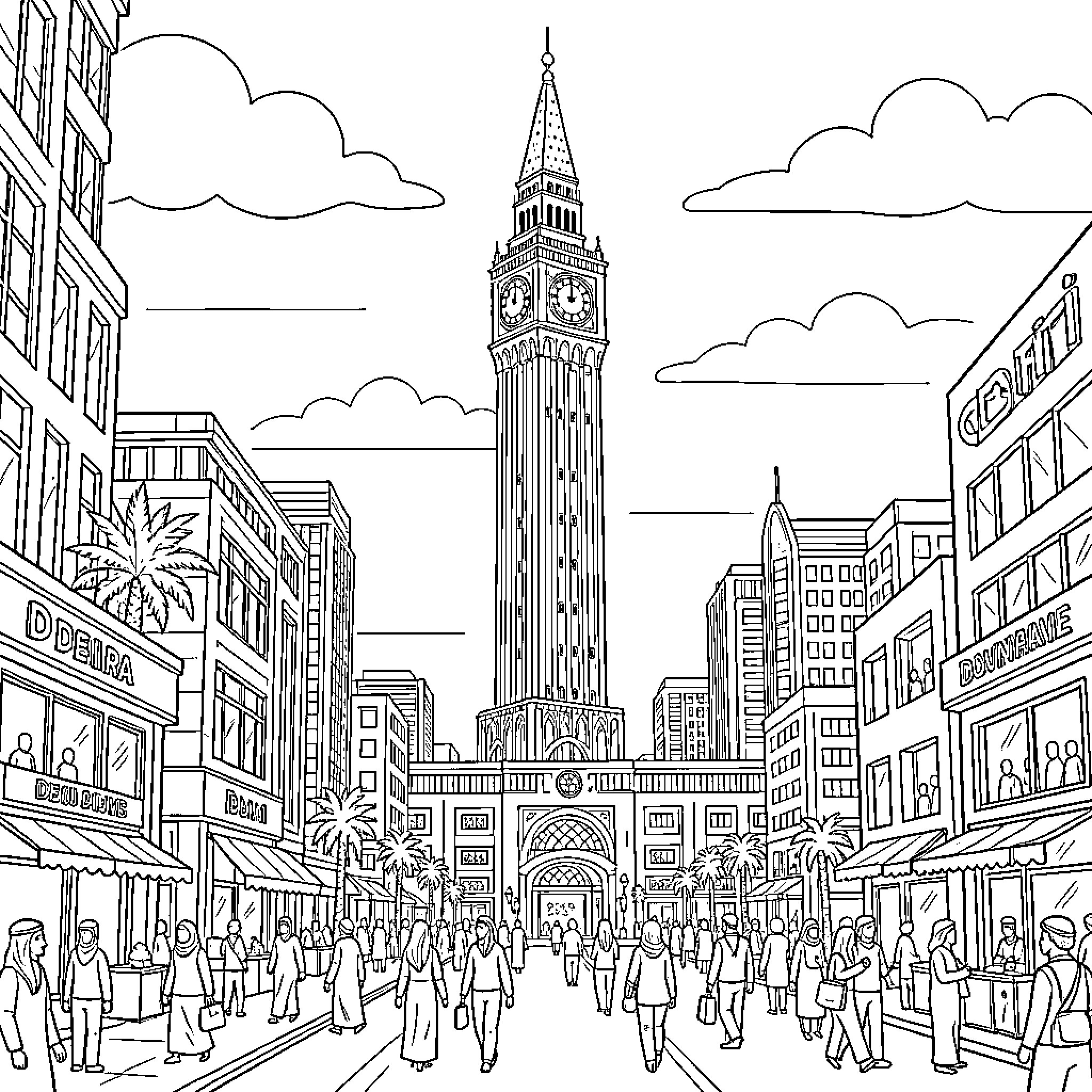 Clock Tower amidst a bustling city scene Coloring Page (free black-and-white line drawing printable PDF for all, from beginners to advanced learners, including children, teens, adults, and seniors)