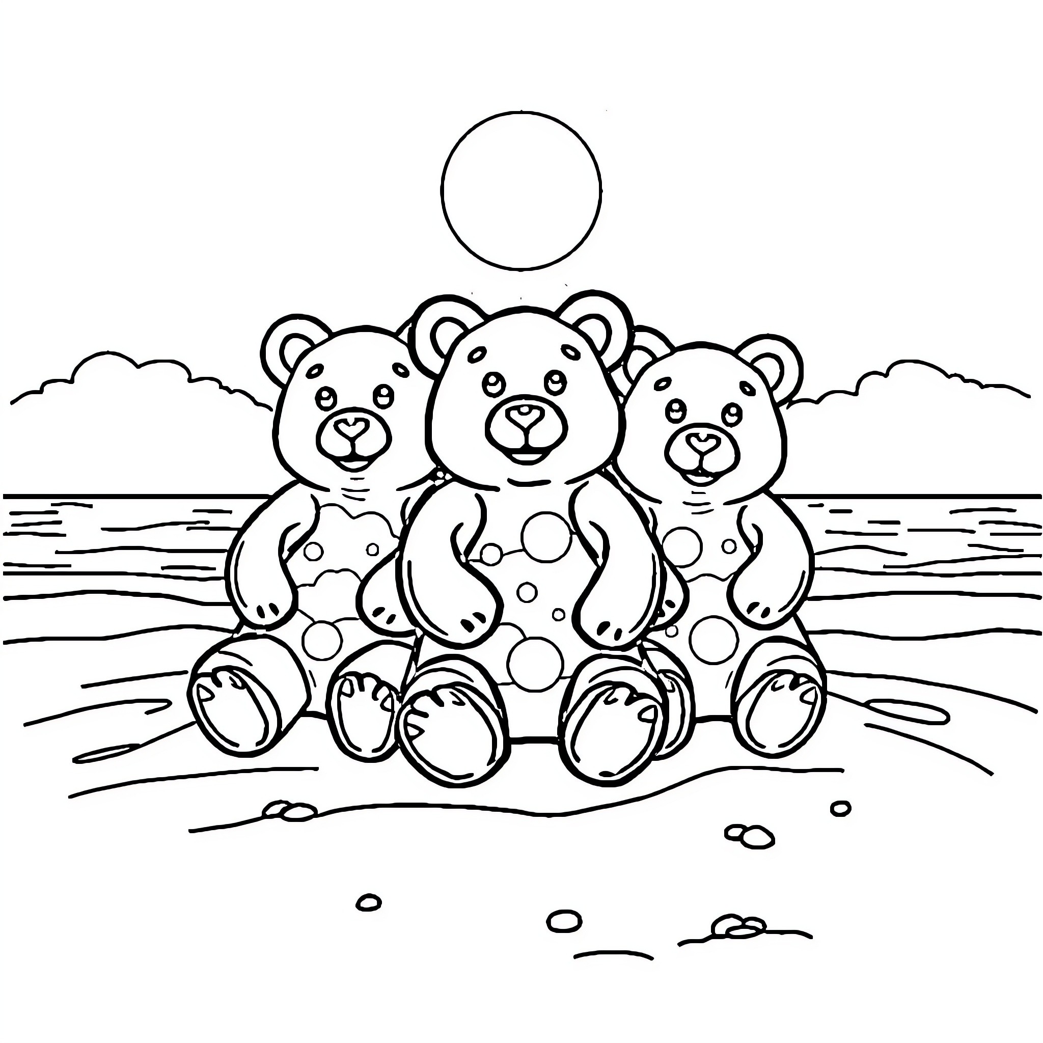 Gummy Bears enjoying a sunny day by the water Coloring Page (free black-and-white line drawing printable PDF for all, from beginners to advanced learners, including children, teens, adults, and seniors)