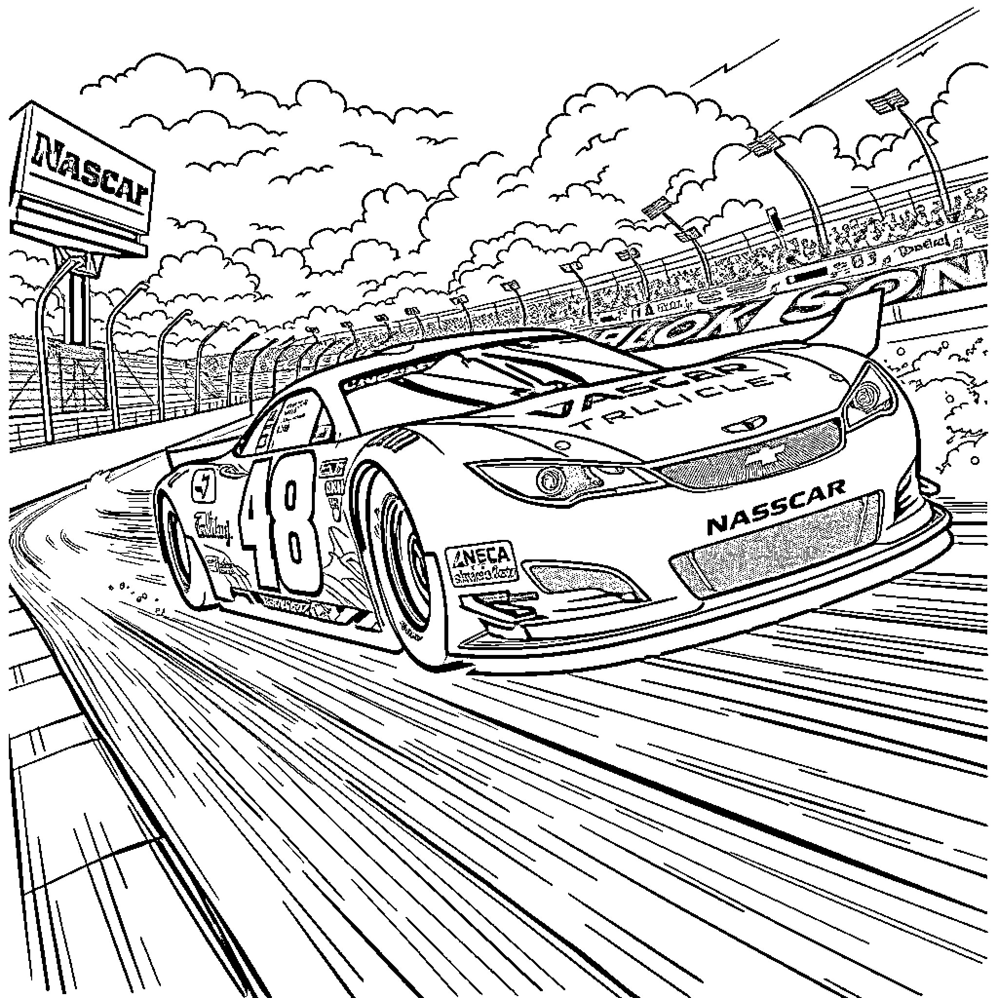 Nascar race car speeding on the track Coloring Page (free black-and-white line drawing printable PDF for all, from beginners to advanced learners, including children, teens, adults, and seniors)