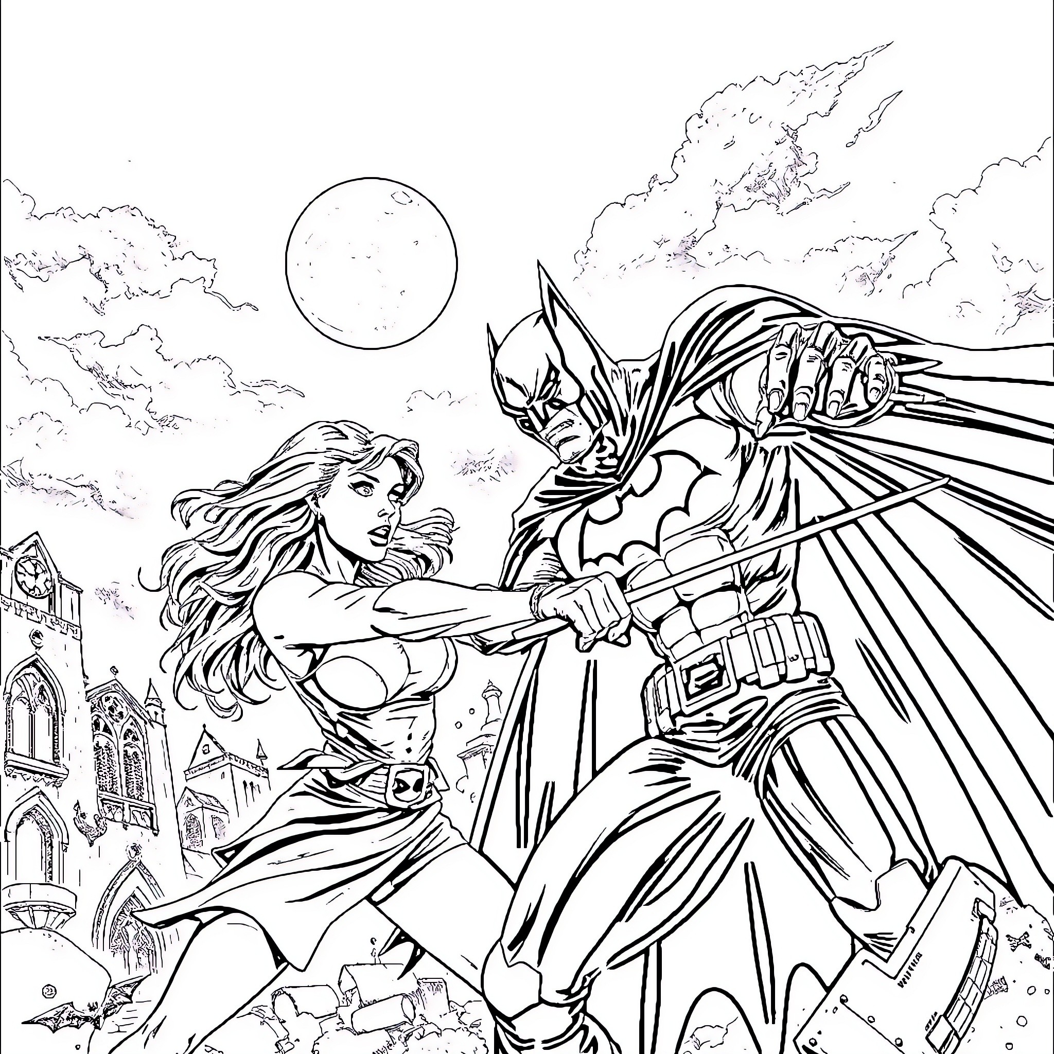 Buffy and Batman in Epic Confrontation Coloring Page (free black-and-white line drawing printable PDF for all, from beginners to advanced learners, including children, teens, adults, and seniors)
