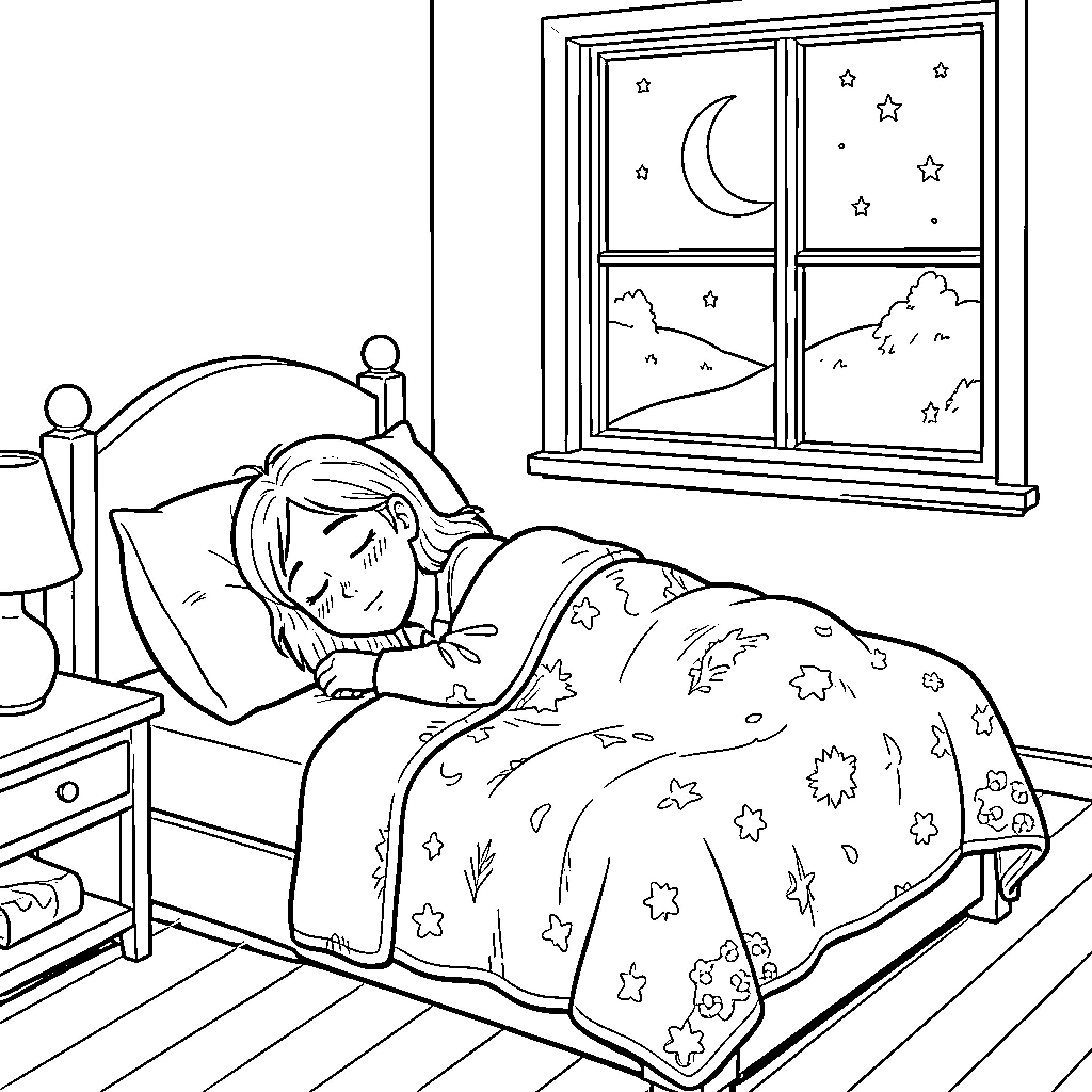 Vaïna sleeping peacefully in the starry night Coloring Page (free black-and-white line drawing printable PDF for all, from beginners to advanced learners, including children, teens, adults, and seniors)