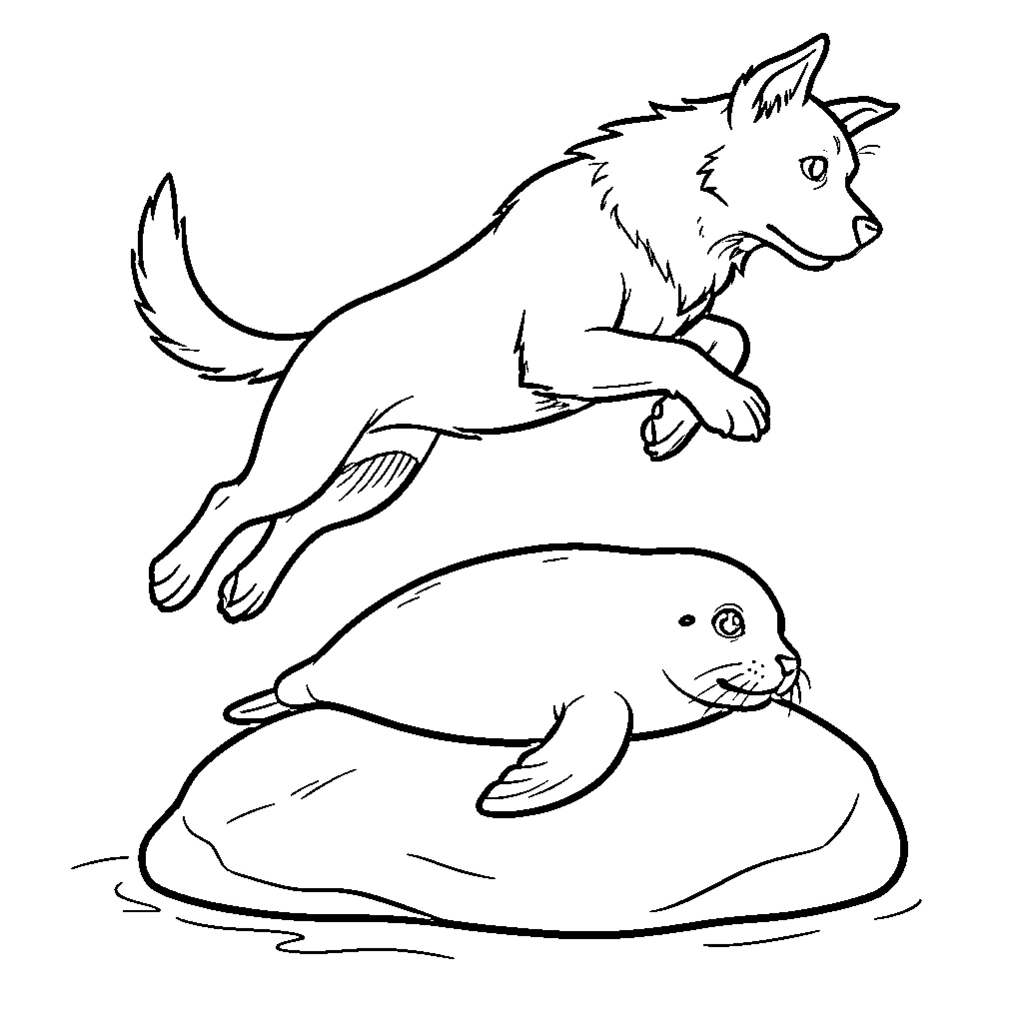Dog jumping playfully over a seal on a rock Coloring Page (free black-and-white line drawing printable PDF for all, from beginners to advanced learners, including children, teens, adults, and seniors)