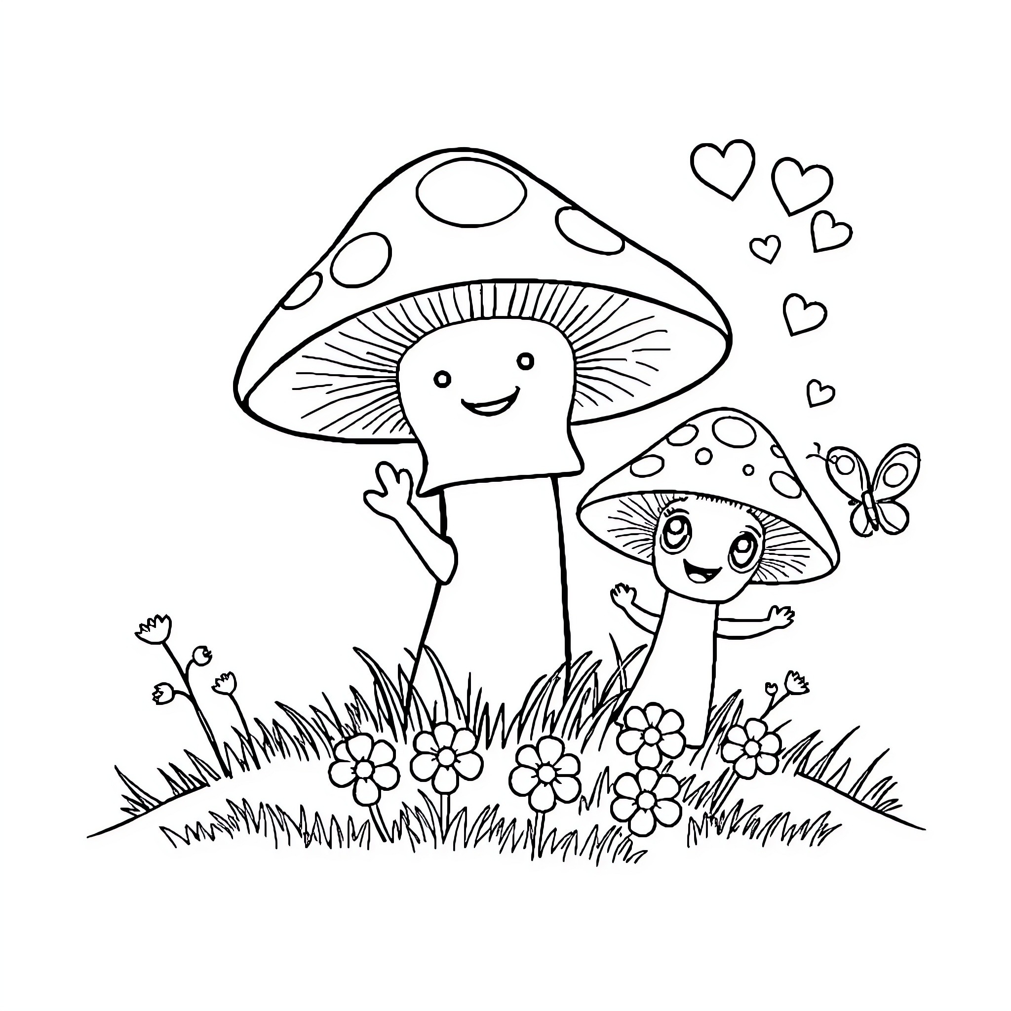 Mushroom friends enjoying playful meadow scene Coloring Page (free black-and-white line drawing printable PDF for all, from beginners to advanced learners, including children, teens, adults, and seniors)