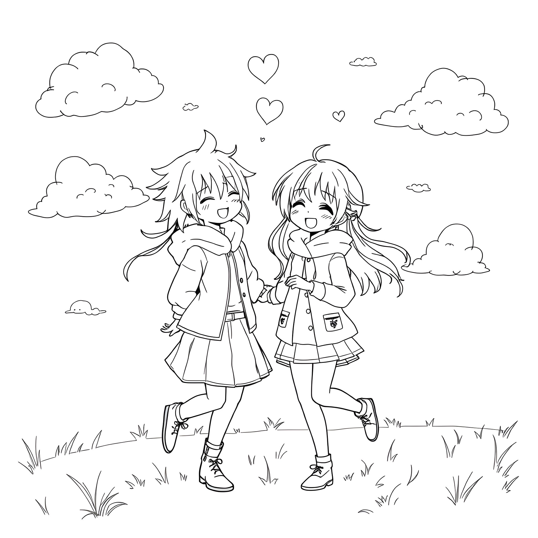 Anime couple walking together in a serene landscape Coloring Page (free black-and-white line drawing printable PDF for all, from beginners to advanced learners, including children, teens, adults, and seniors)