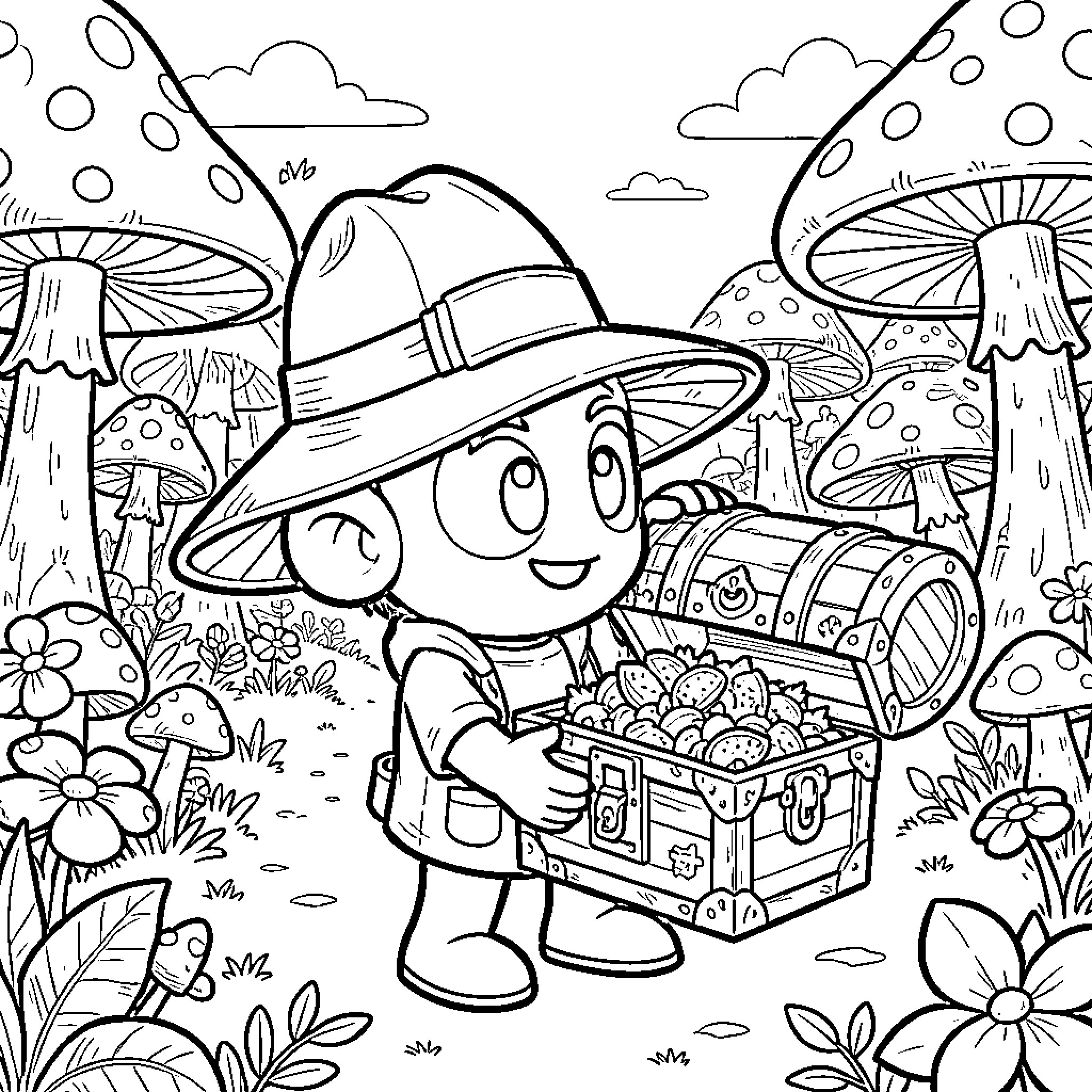 Toad exploring a magical mushroom forest Coloring Page (free black-and-white line drawing printable PDF for all, from beginners to advanced learners, including children, teens, adults, and seniors)