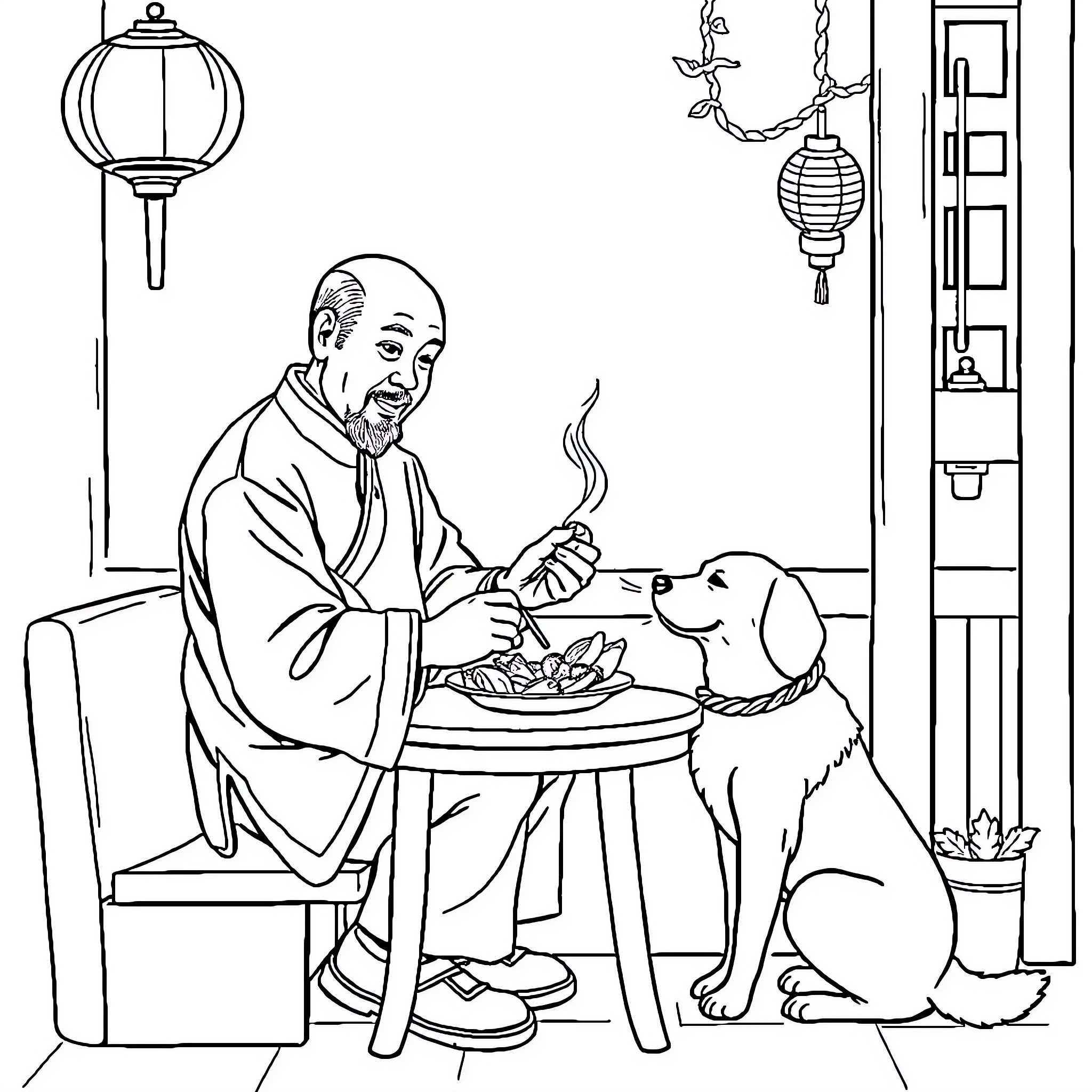 Man sitting with pet dog in traditional Asian setting Coloring Page (free black-and-white line drawing printable PDF for all, from beginners to advanced learners, including children, teens, adults, and seniors)