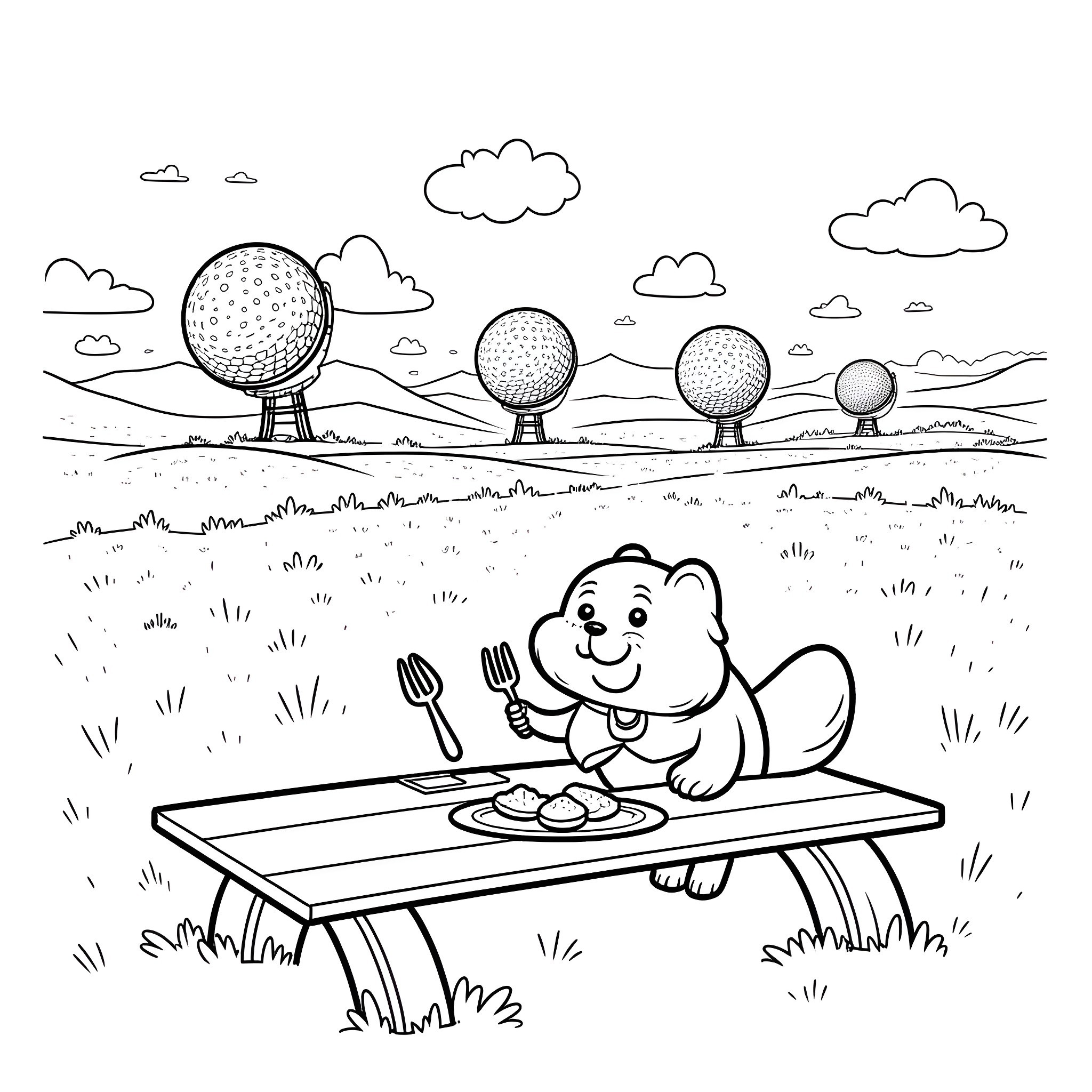 Groundhog enjoying a picnic on a sunny day Coloring Page (free black-and-white line drawing printable PDF for all, from beginners to advanced learners, including children, teens, adults, and seniors)