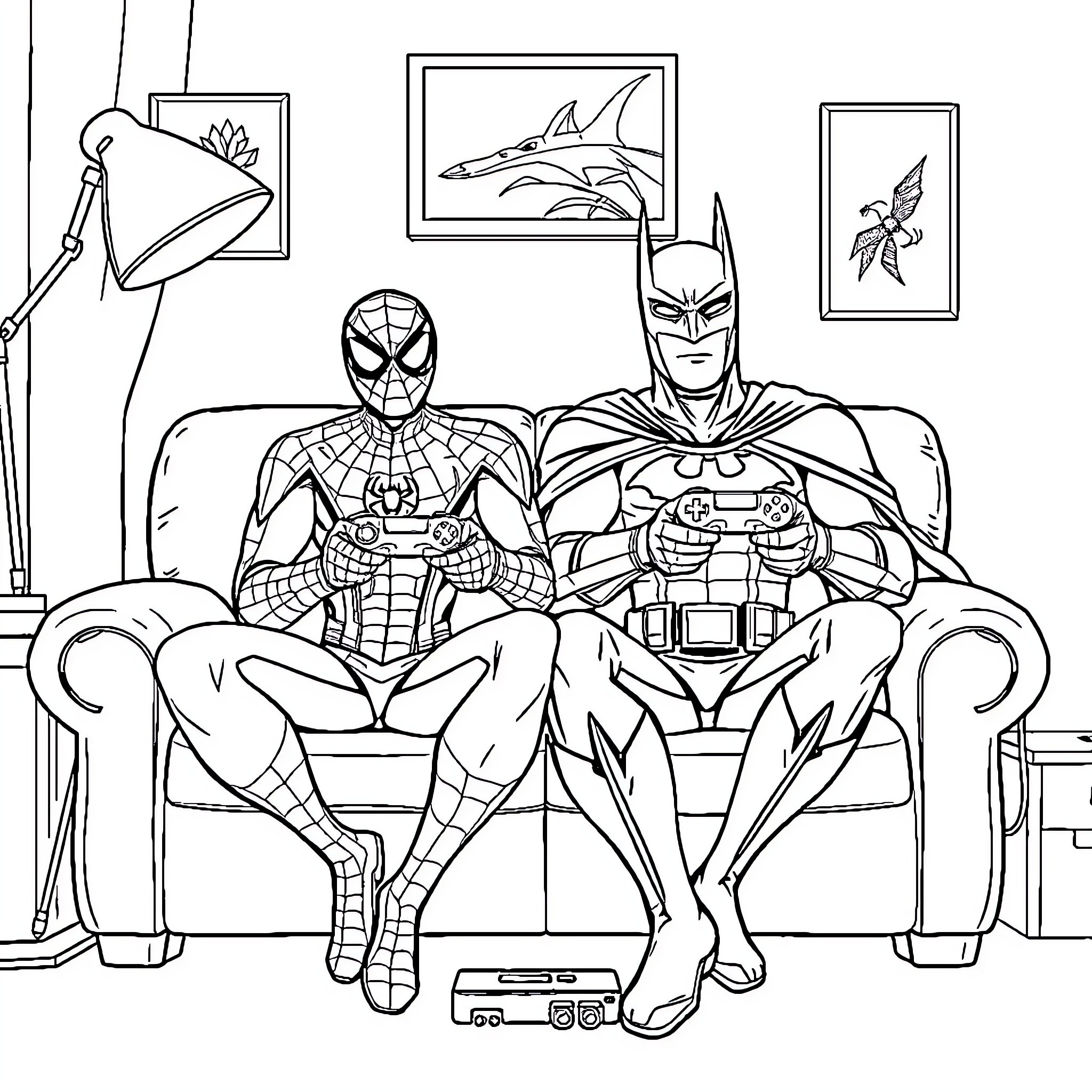 Spiderman and Batman relaxing together Coloring Page (free black-and-white line drawing printable PDF for all, from beginners to advanced learners, including children, teens, adults, and seniors)