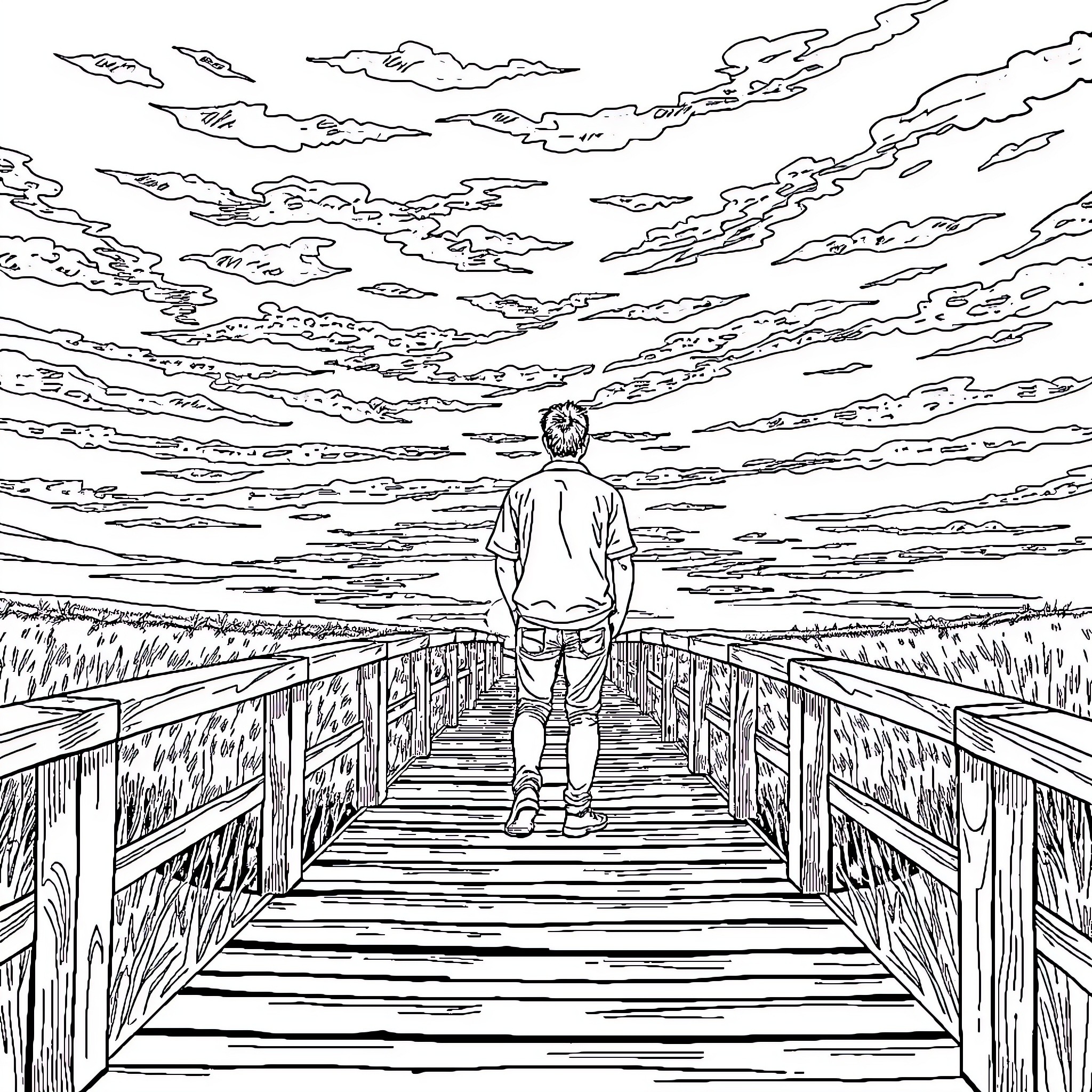 Man walking alone on a wooden bridge in nature Coloring Page (free black-and-white line drawing printable PDF for all, from beginners to advanced learners, including children, teens, adults, and seniors)