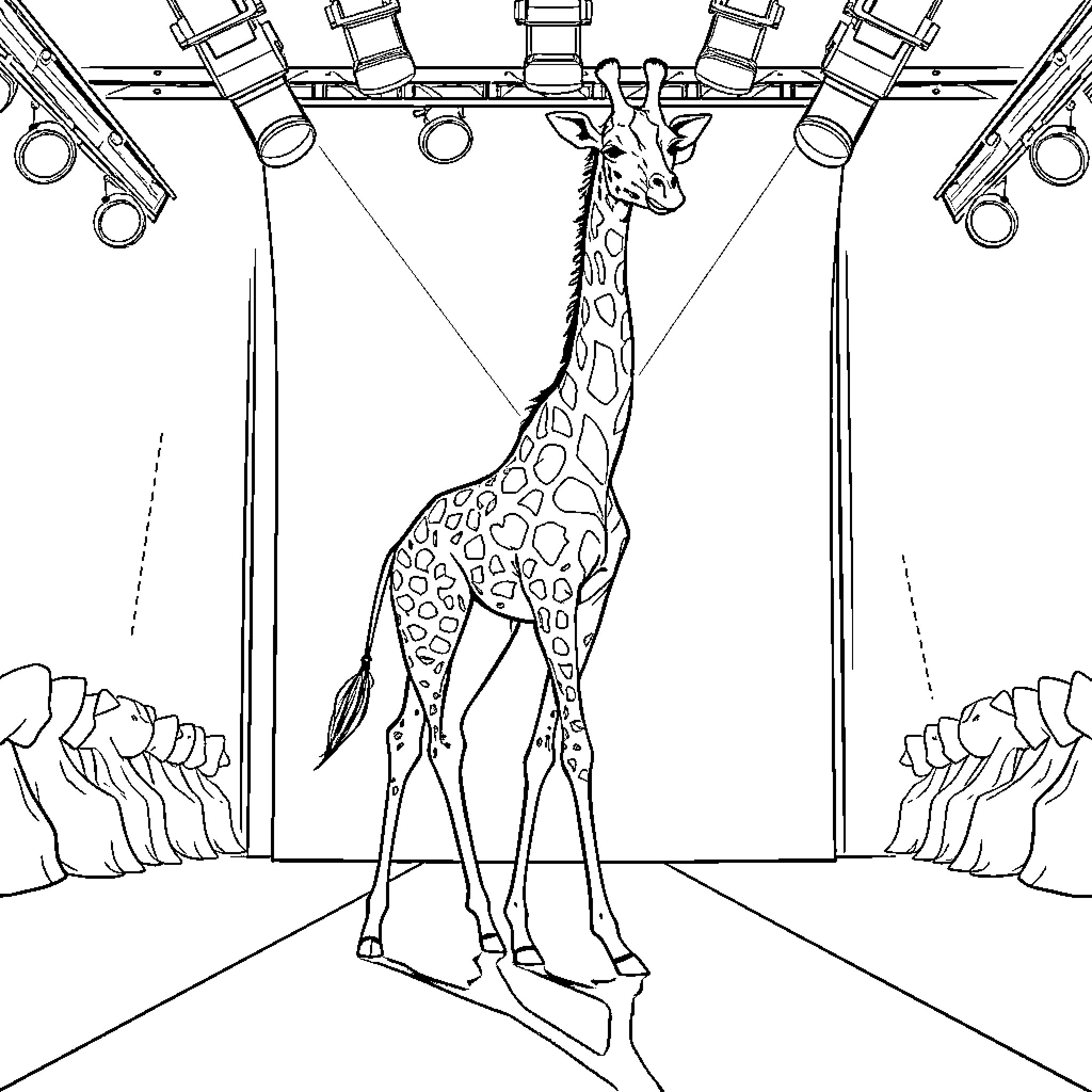 Giraffe standing tall on stage Coloring Page (free black-and-white line drawing printable PDF for all, from beginners to advanced learners, including children, teens, adults, and seniors)