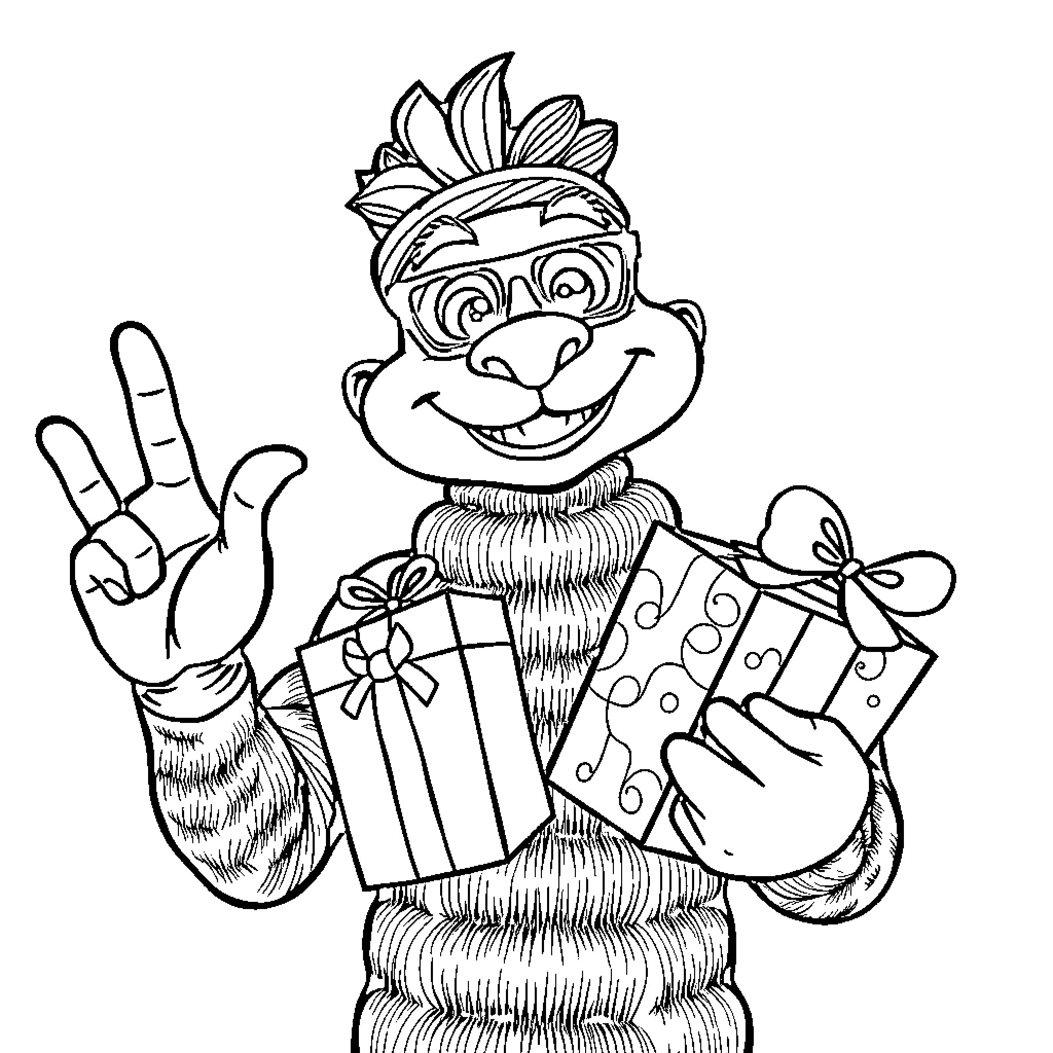 Olentzero holding gifts and making a peace sign Coloring Page (free black-and-white line drawing printable PDF for all, from beginners to advanced learners, including children, teens, adults, and seniors)